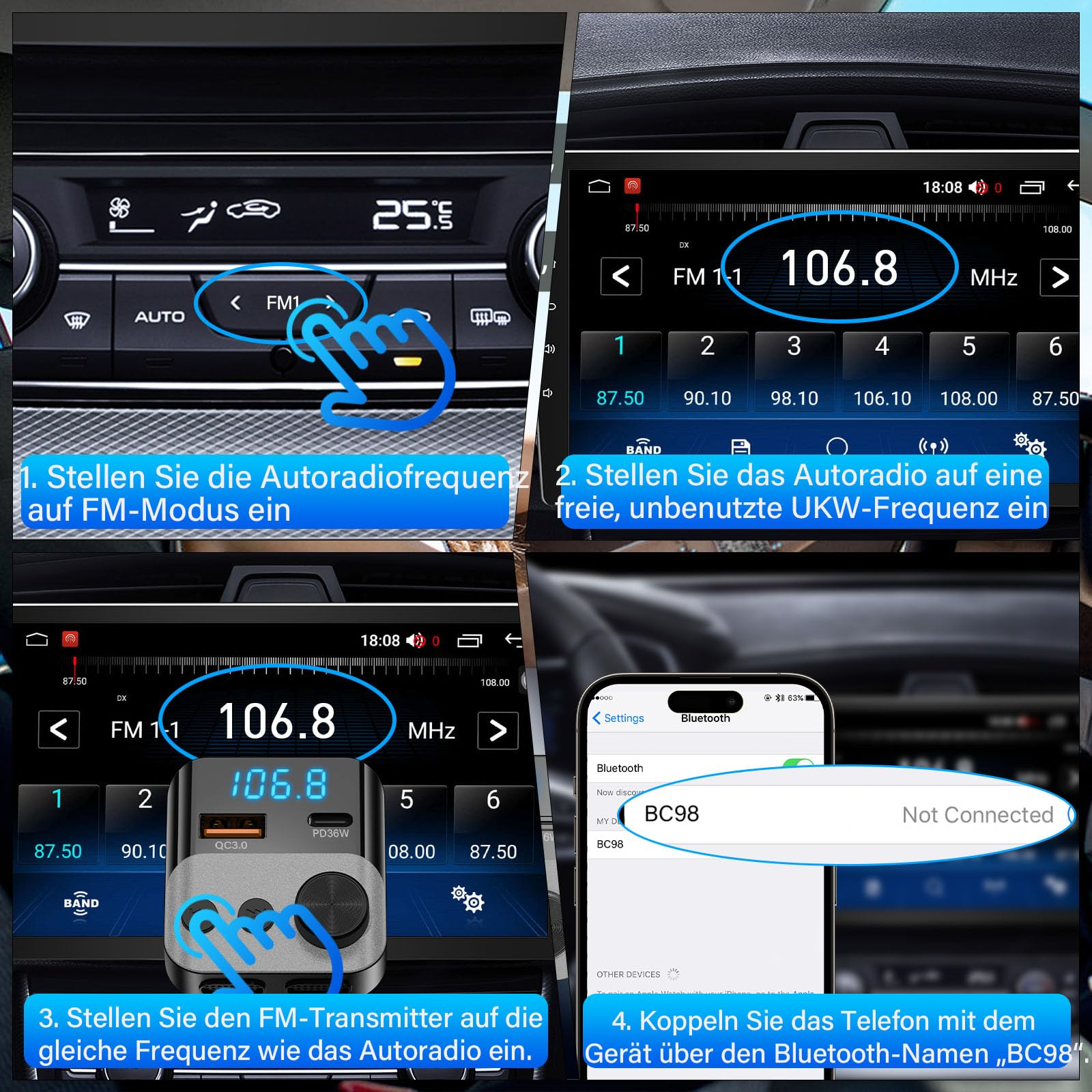 Bilder mit Autoradioeinstellungen, UKW-Abstimmung und Bluetooth-Verbindung.