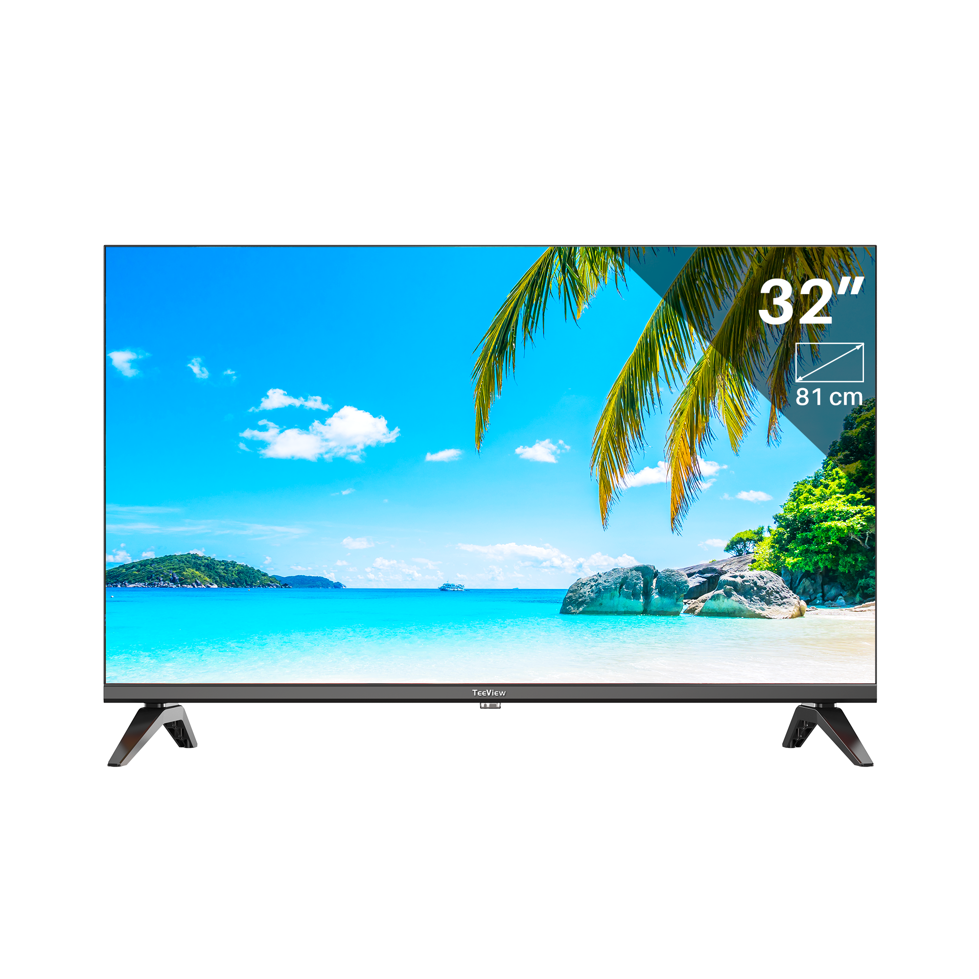 32-inch TV displaying a beach scene, black legs, and the brand name on the bottom.