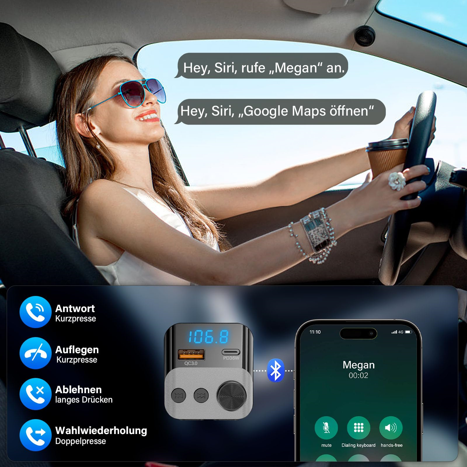 Frau im Auto, die beim Fahren telefoniert, mit Sprechblasen, Armaturenbrett-Gadget und Telefonbildschirm.