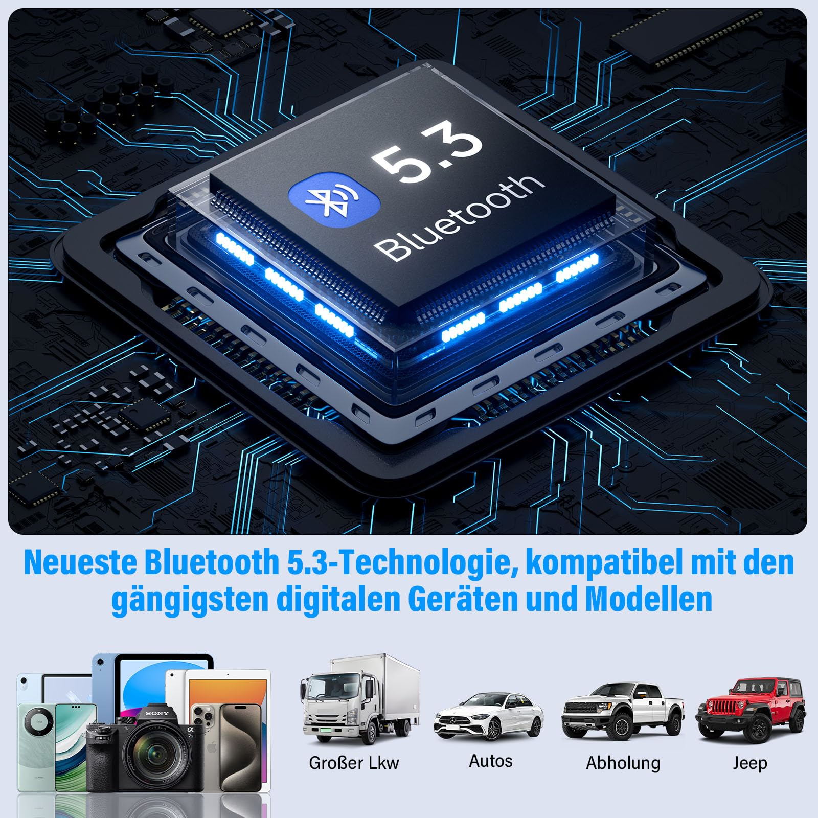 Eine Grafik zeigt die Bluetooth 5.3-Technologie mit verschiedenen digitalen Geräten und Fahrzeugmodellen.