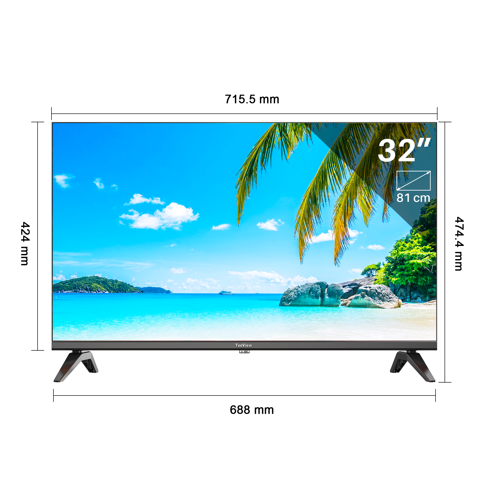 32-inch TV showing a beach scene. Dimensions are displayed.