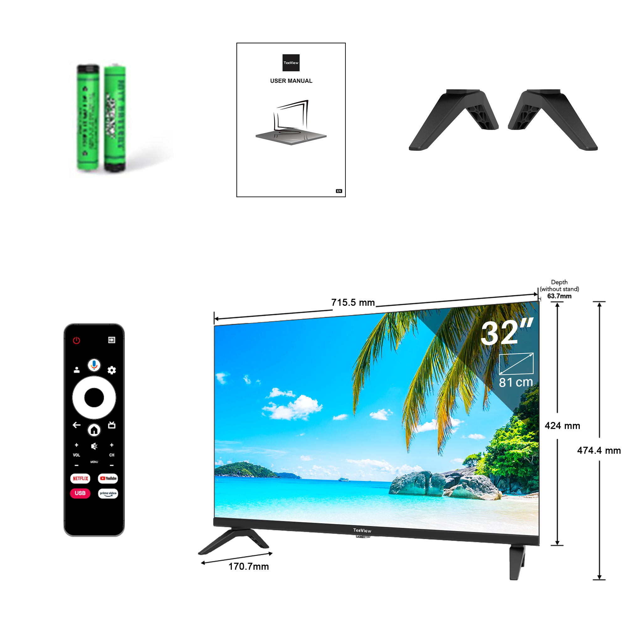 TV screen with remote, batteries, and stand components. Dimensions are listed.