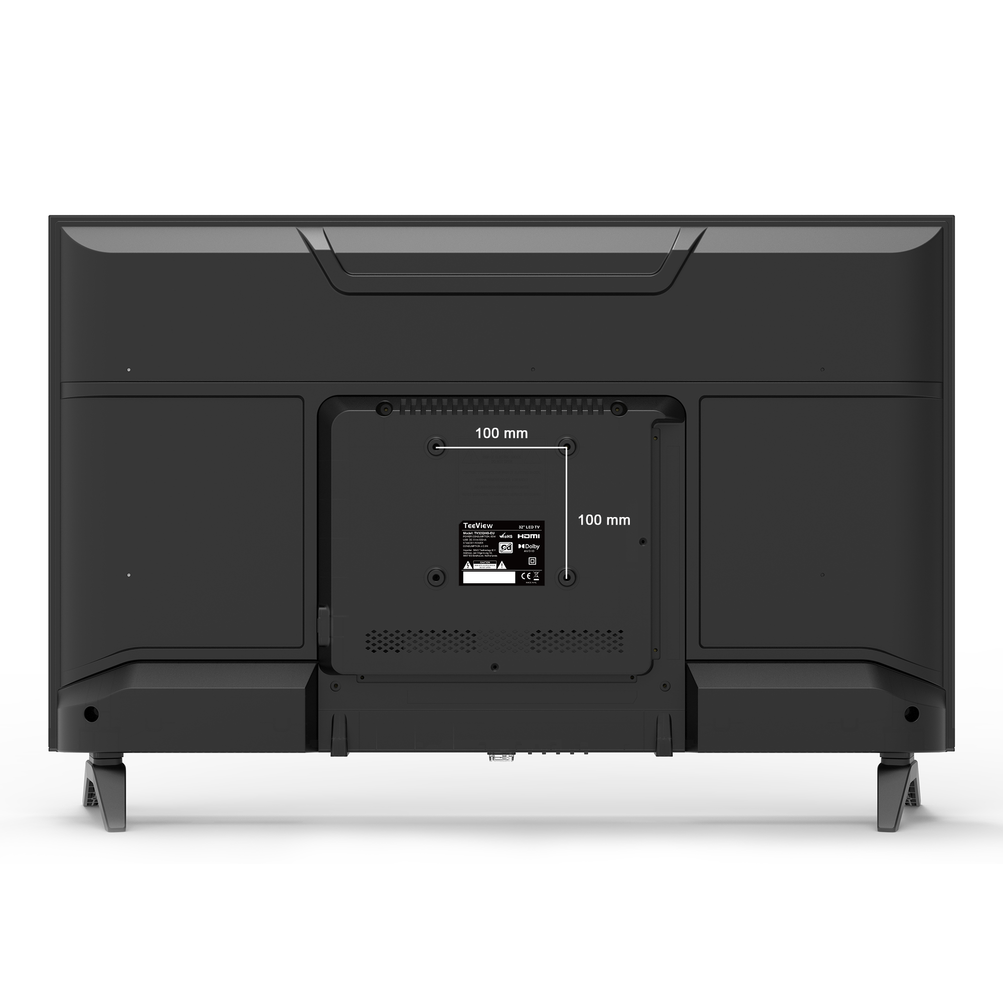 Black TV rear view with connection panel and stand.