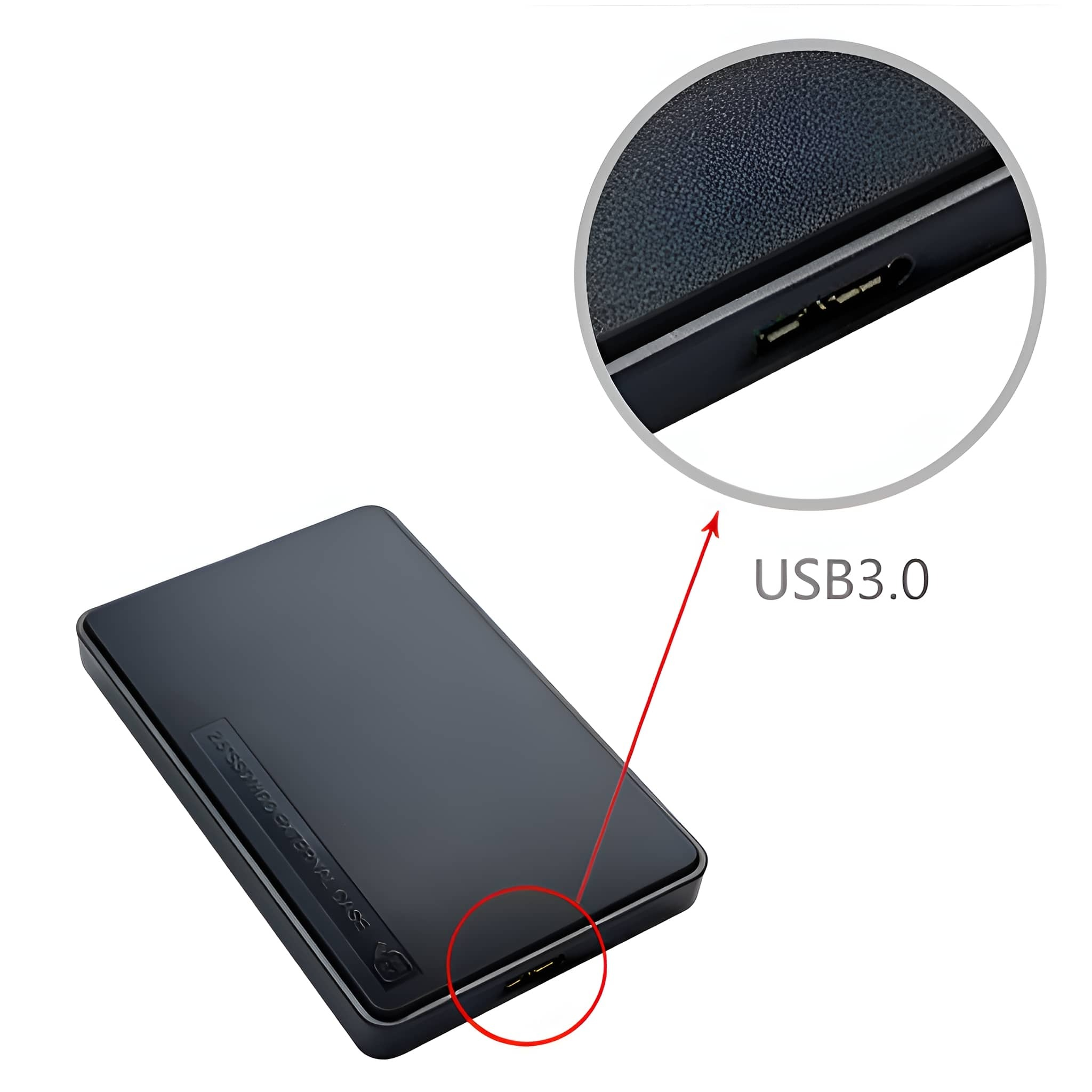 Schwarze externe Festplatte mit USB 3.0-Anschluss, Detailbild.