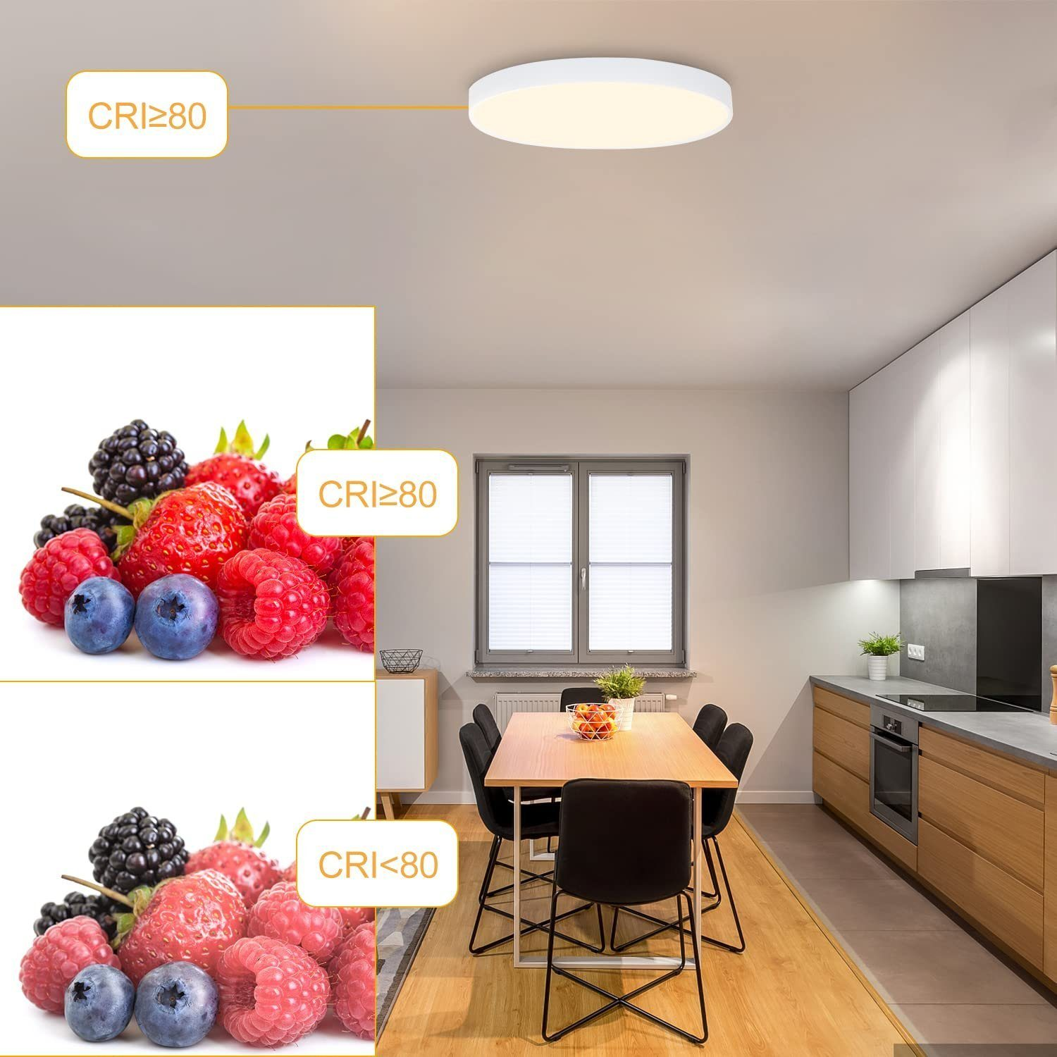 Una luz de techo sobre una mesa de comedor. Las bayas se muestran con valores CRI, indicando la reproducción del color.
