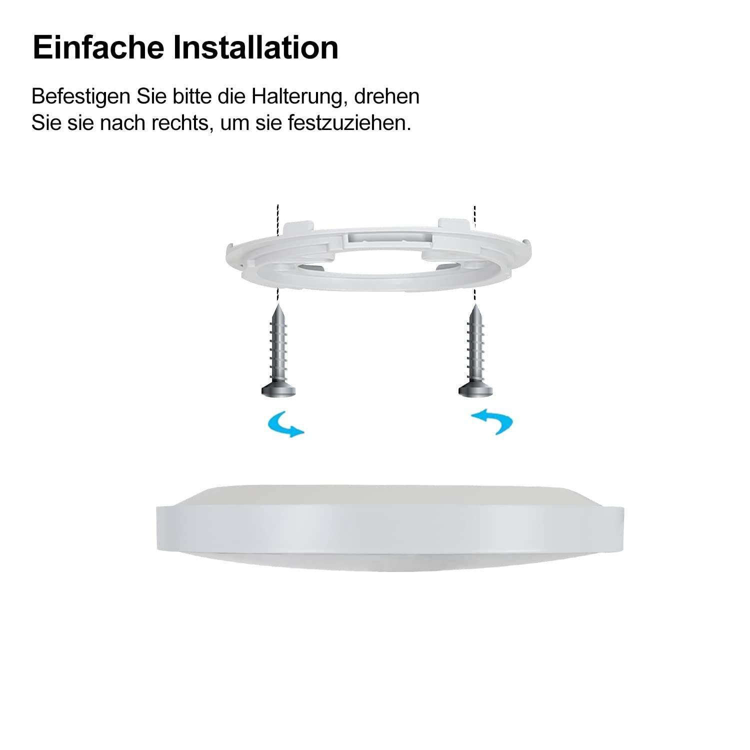 Instrucciones de instalación para una lámpara de techo: fije el soporte, luego gire para apretar.