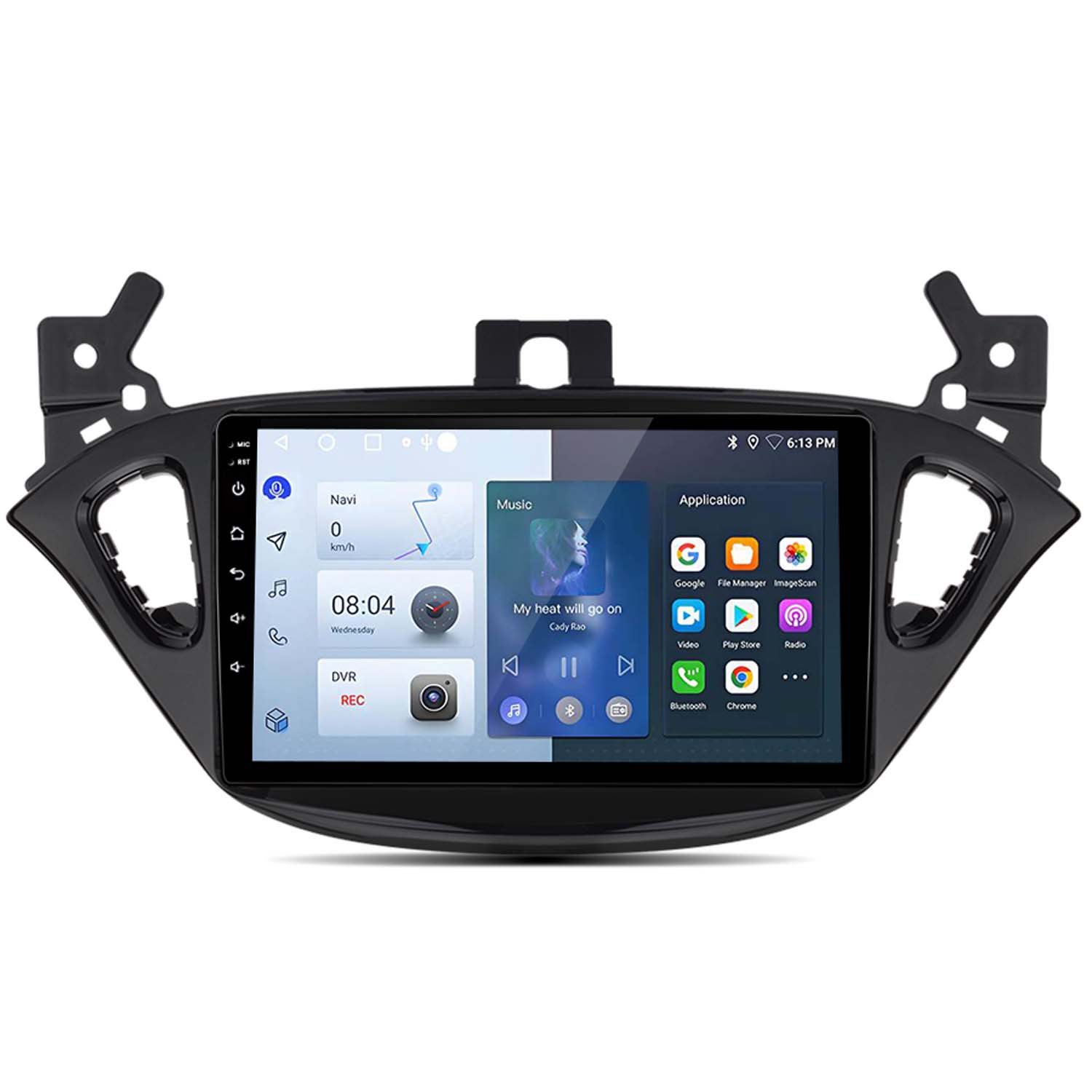 Un sistema stereo per auto con touchscreen che mostra le icone delle applicazioni.