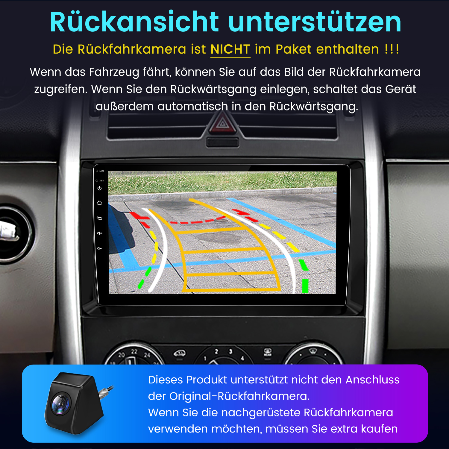 Ein Auto-Bildschirm zeigt eine Rückansicht von einer Rückfahrkamera. Der Bildschirm befindet sich in einem Auto.