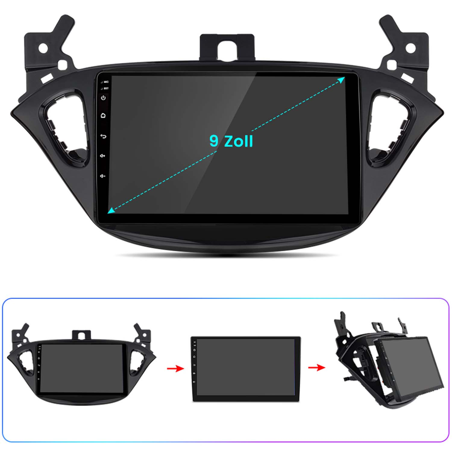 Autoradio con ampio touchscreen. Cornice nera con staffe di montaggio.