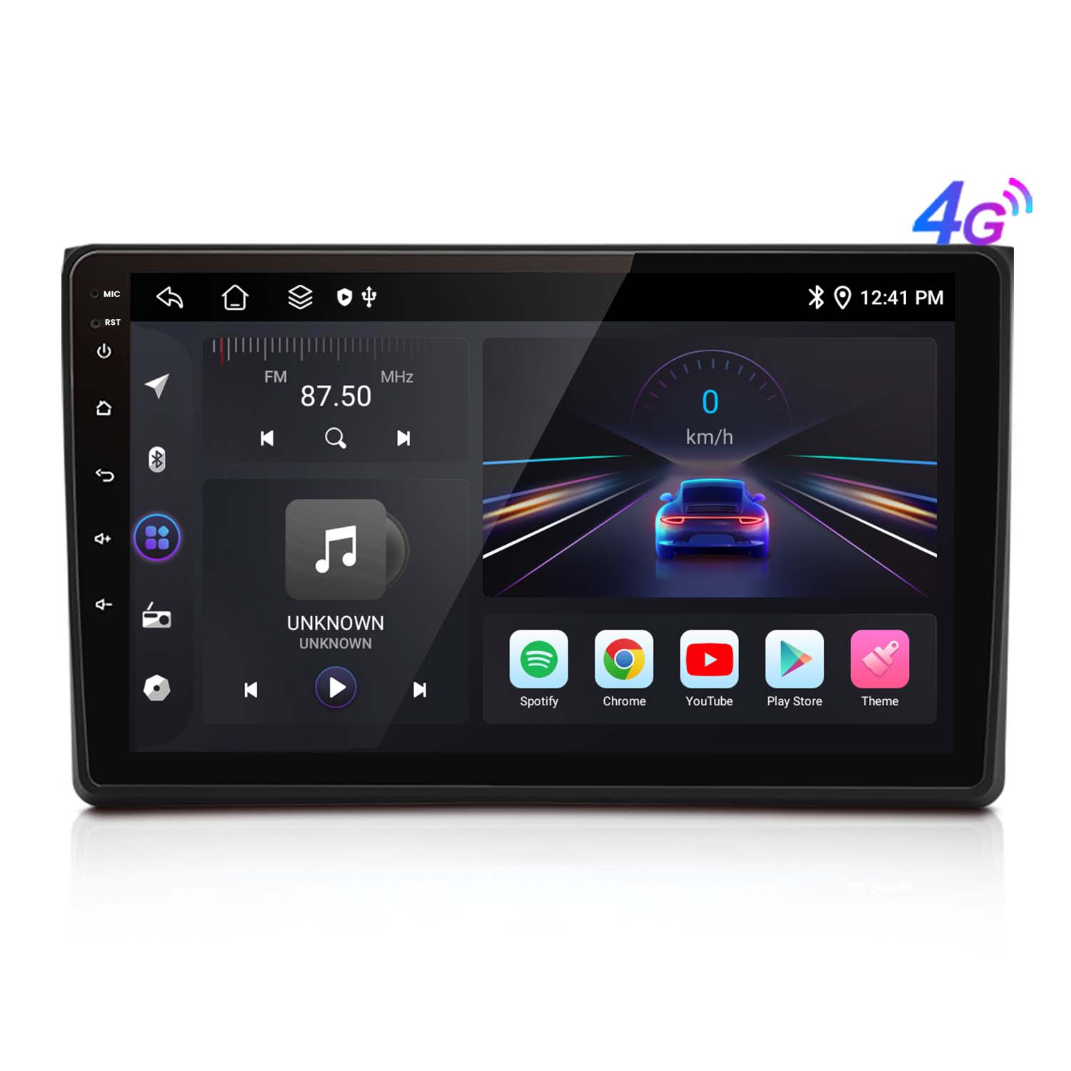 Autoradio con touchscreen. Mostra un'icona di nota musicale e icone di app.