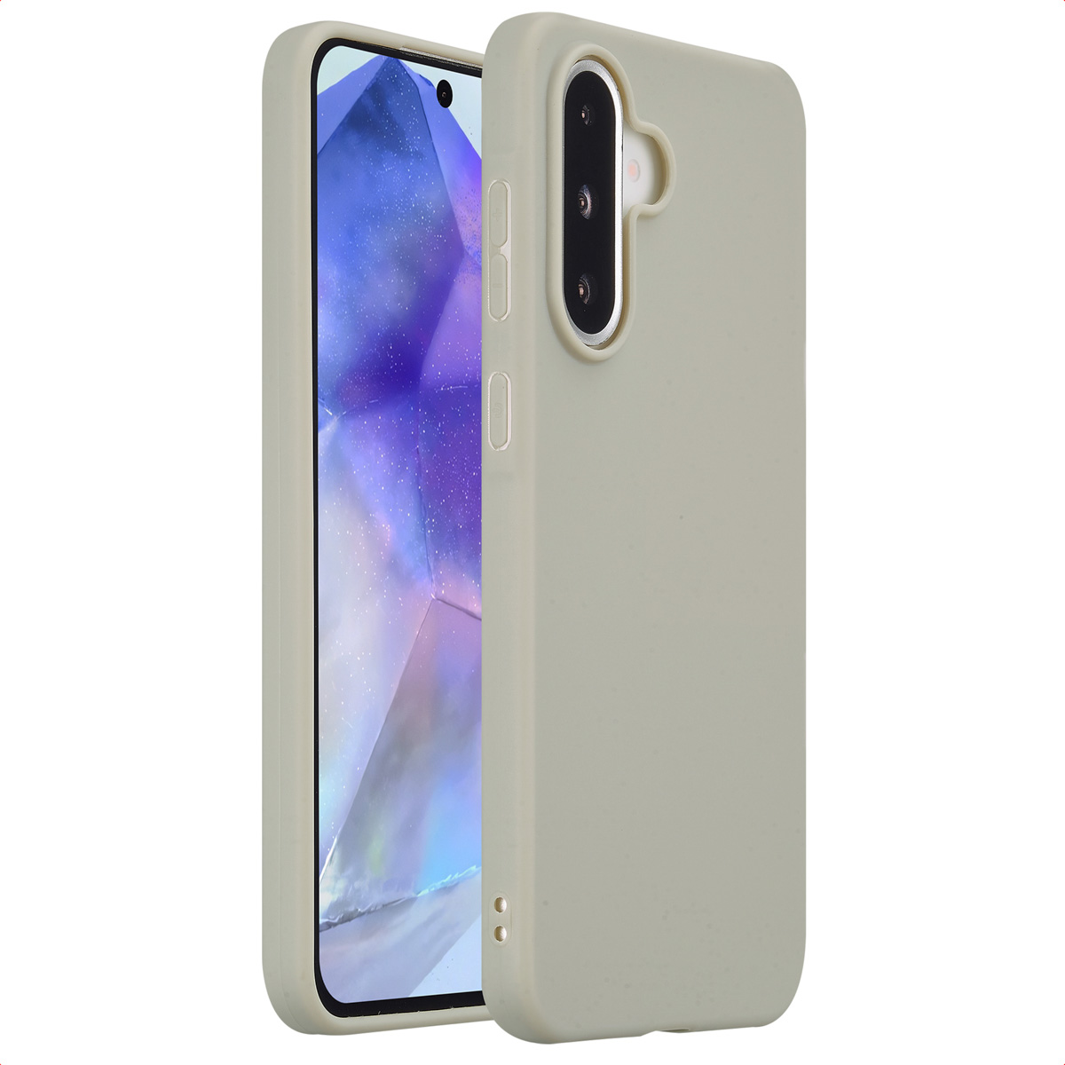 Een telefoon in een hoesje, met de achter- en zijaanzicht. De hoes is lichtgrijs.
