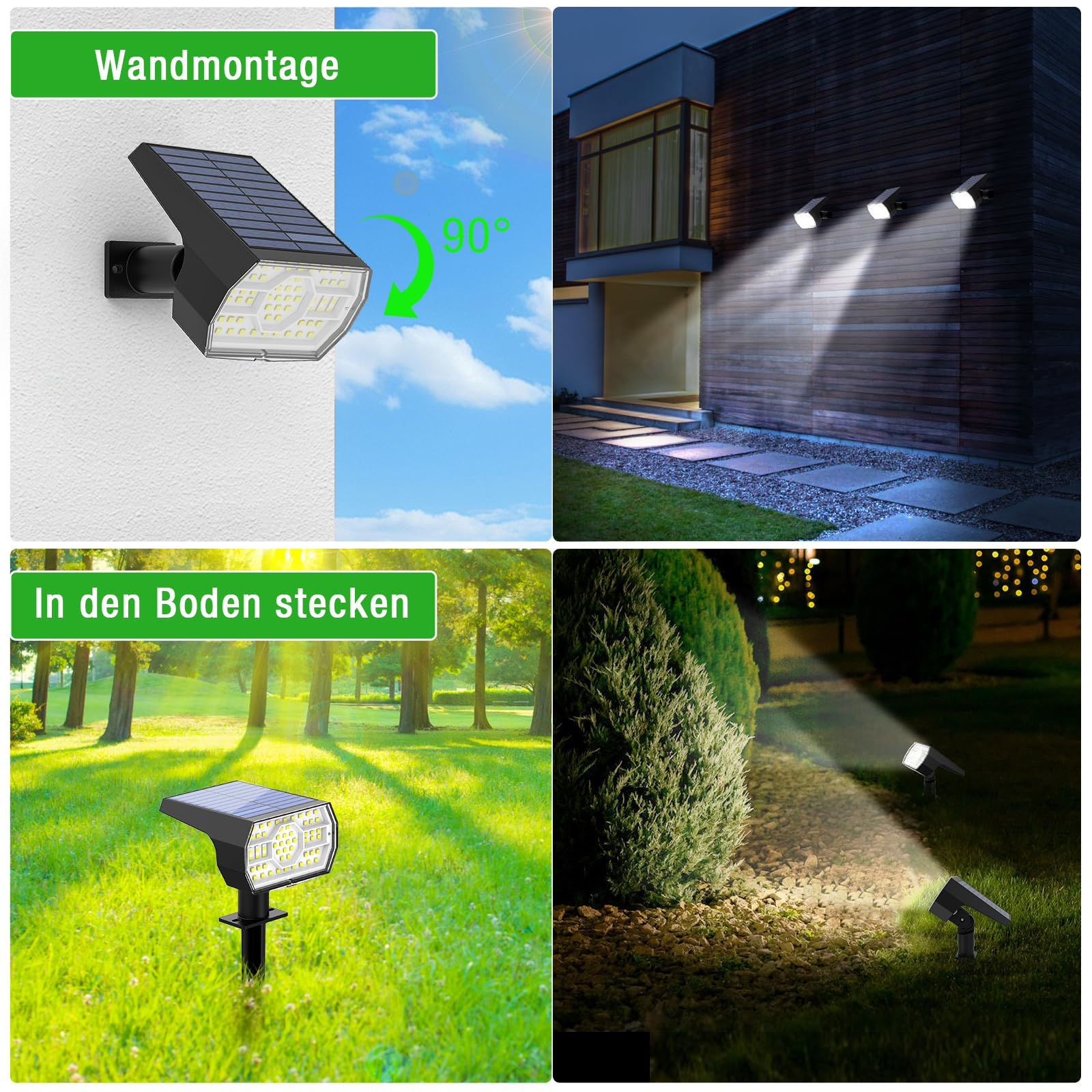 Solarleuchten werden montiert und verwendet. Bilder zeigen verschiedene Standorte.