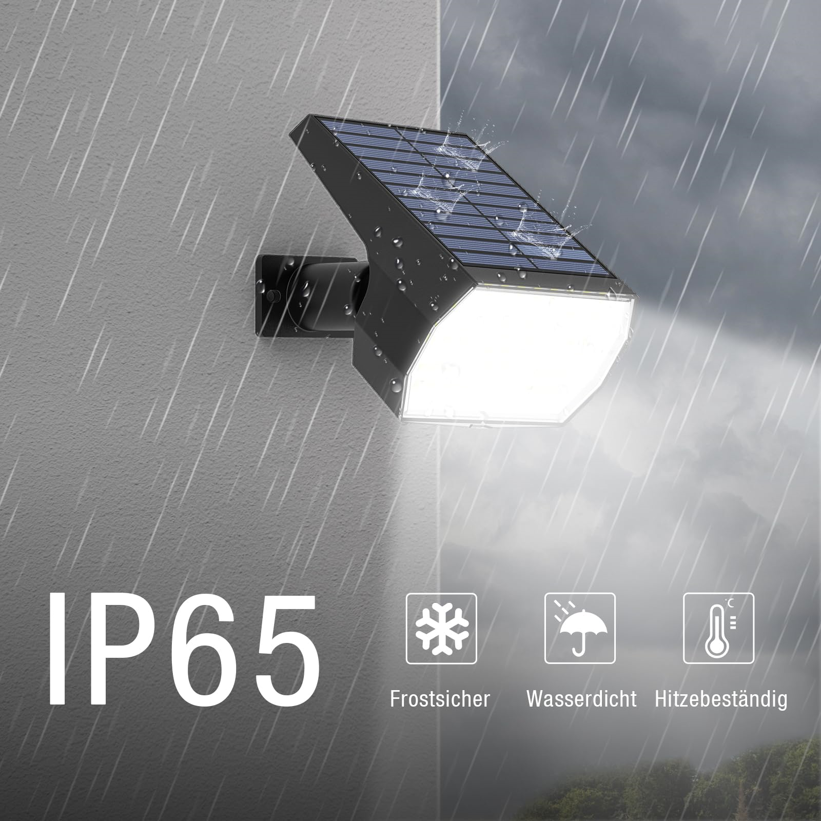 Solarbetriebener Outdoor-Flutlichtstrahler, an einer Wand montiert, mit Regen- und Wettersymbolen.