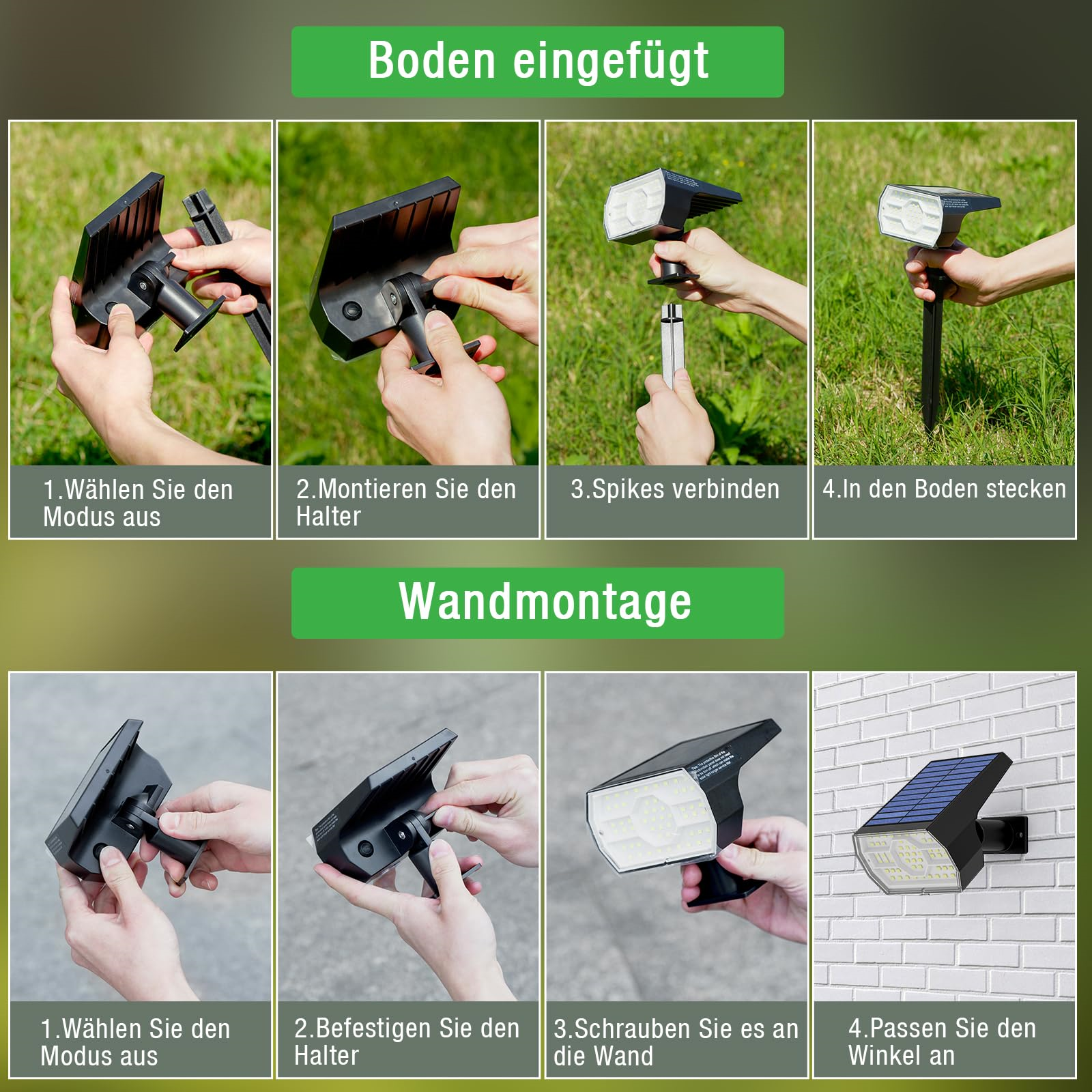 Schritt-für-Schritt-Diagramme, die die Installation eines Solar-Gartenlichts, Boden- und Wandmontage zeigen.