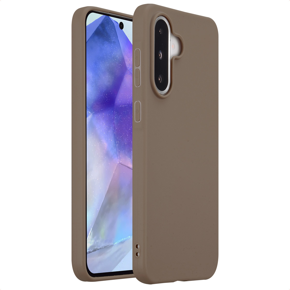 Coque de téléphone. Elle est marron et couvre le téléphone. Le téléphone a trois caméras et deux boutons latéraux.