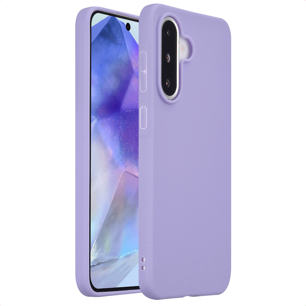 Coque de téléphone violette. Deux parties, une sur le téléphone et une ouverte. Isolé.