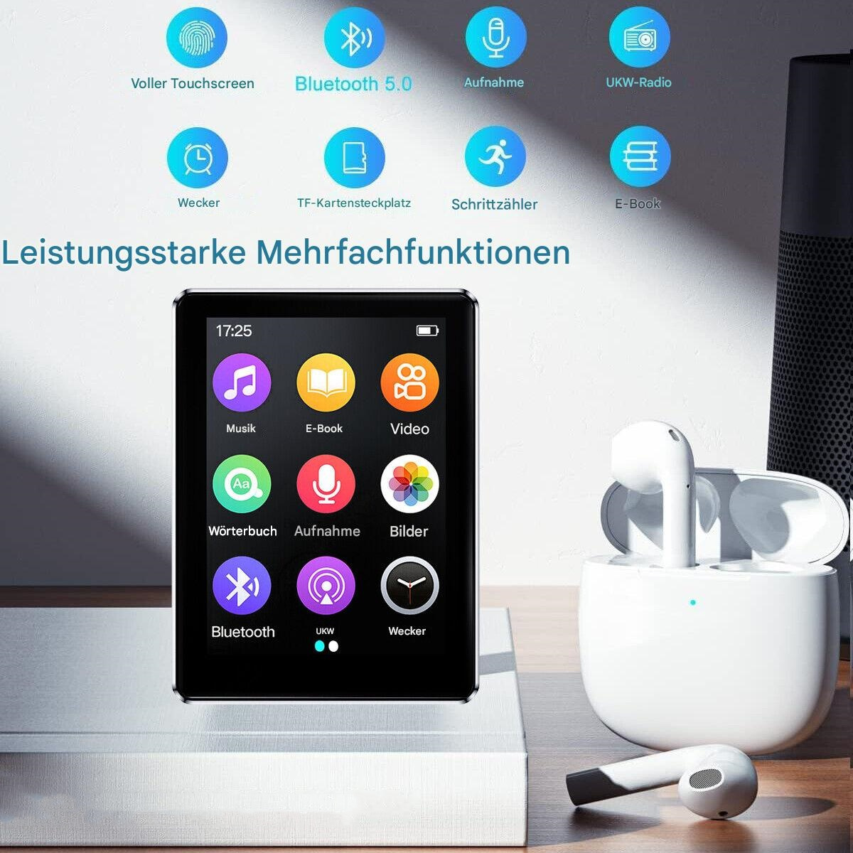 Ein schwarzer MP3-Player mit Touchscreen zeigt Symbole an. Weiße Ohrhörer sind rechts.