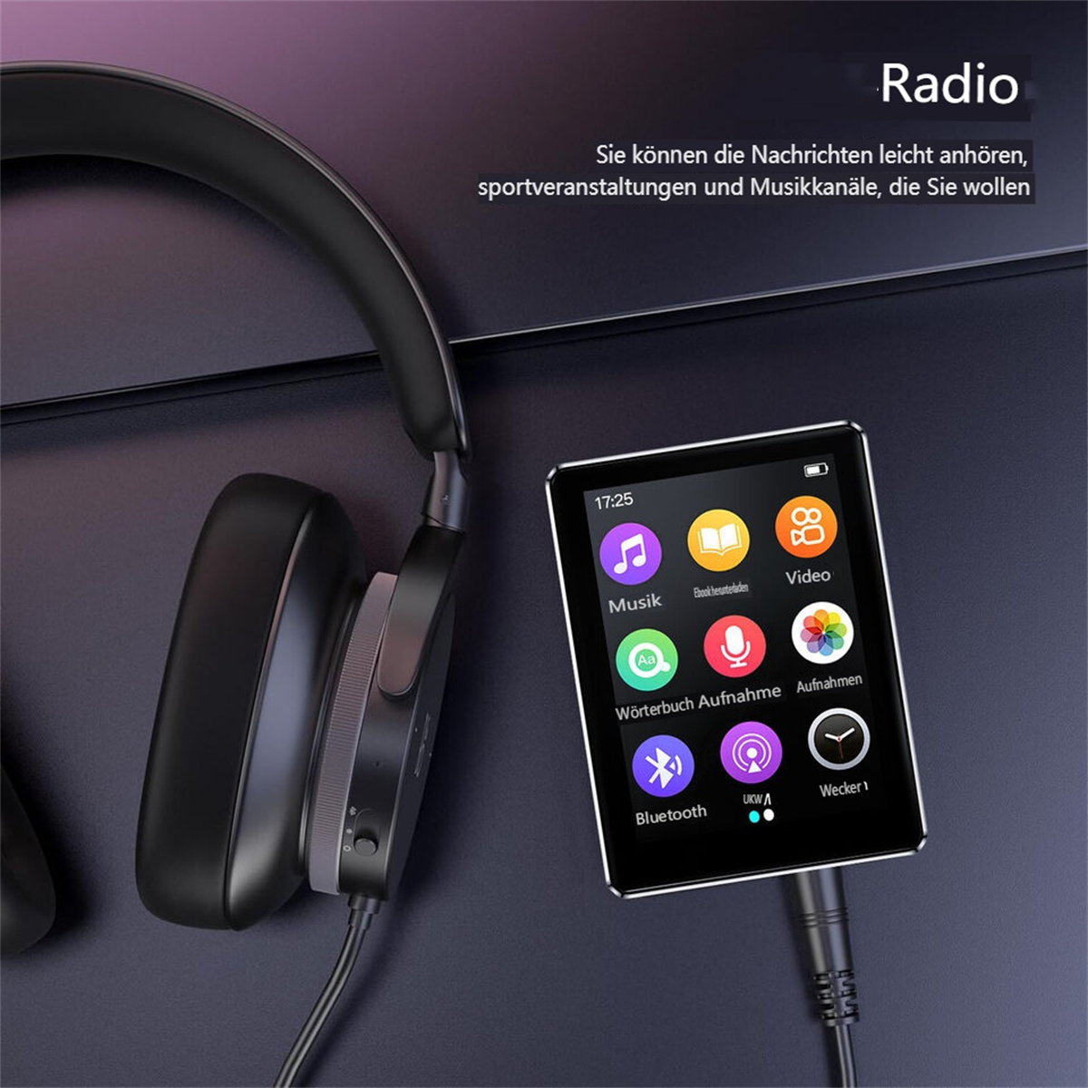 Kopfhörer und ein digitaler Audioplayer, der Player zeigt ein Menü mit Musik- und Radiooptionen an.