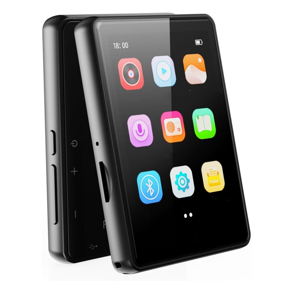Schwarzer MP3-Player mit Touchscreen, der verschiedene App-Symbole zeigt, und ein zweiter Player.