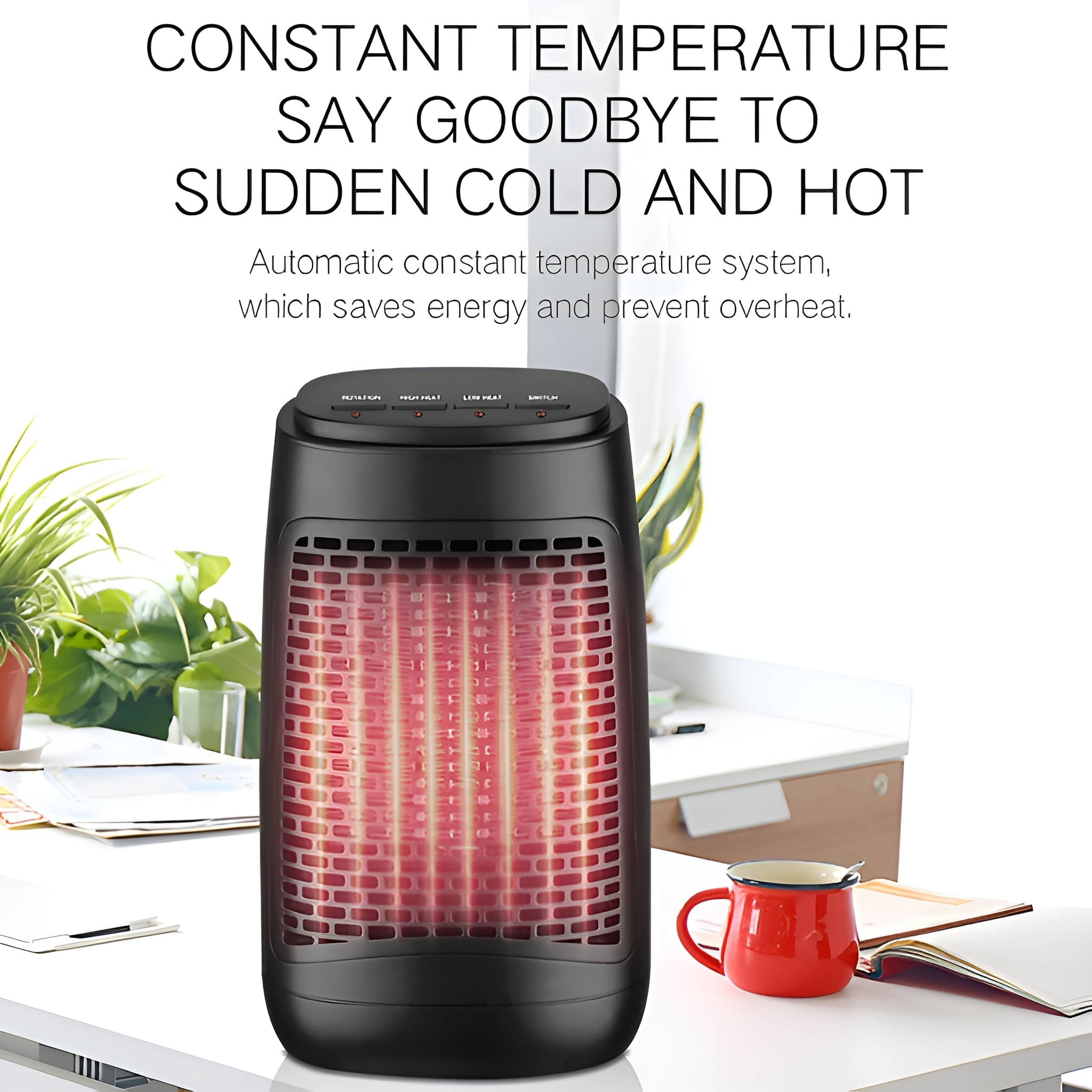 Schwarze Heizung mit Text: Konstante Temperatur, Automatiksystem, Energieeinsparung. Roter Becher und Buch auf Schreibtisch.
