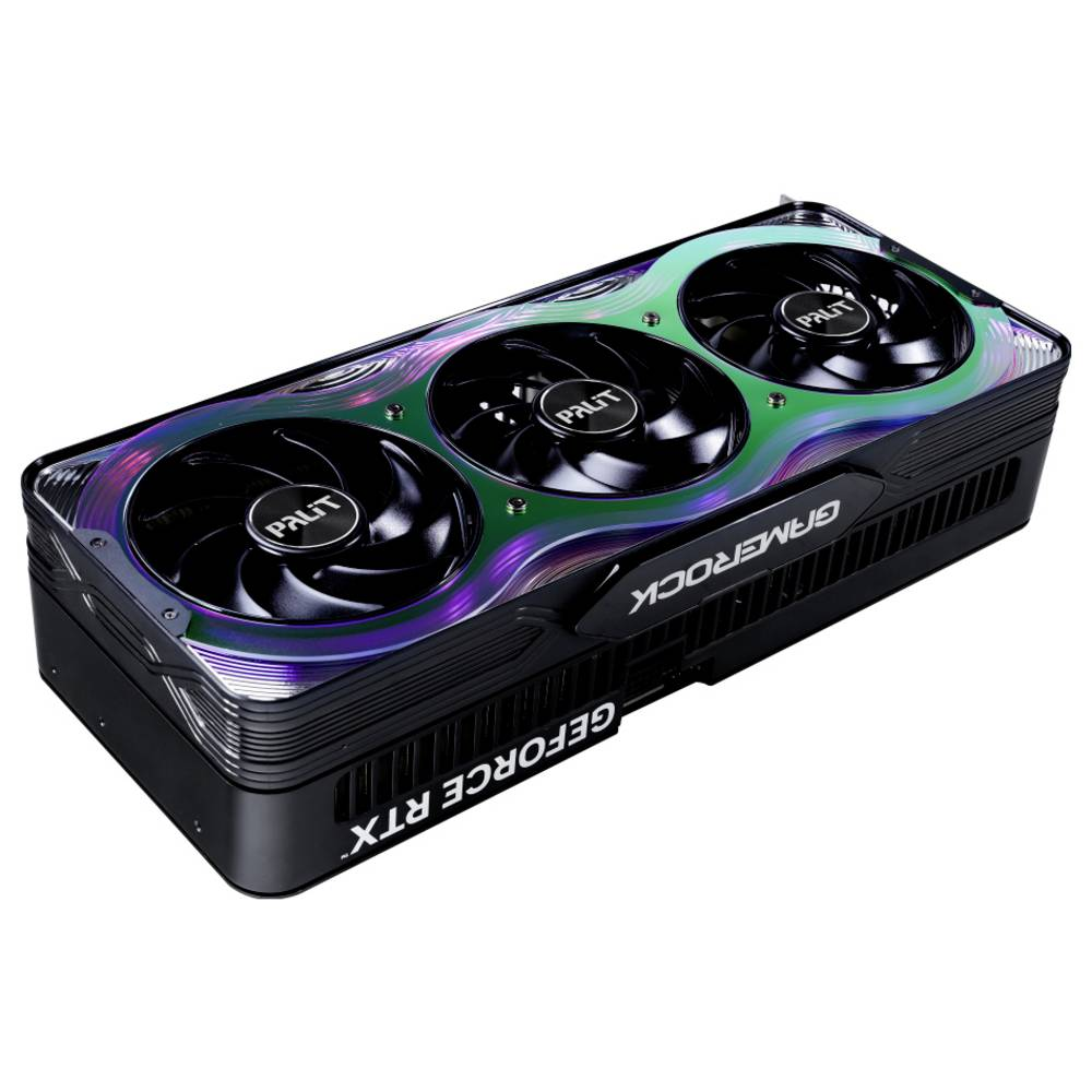 Karta graficzna dla graczy z trzema wentylatorami i tekstem 'GEFORCE RTX' i 'GAMEROCK'.