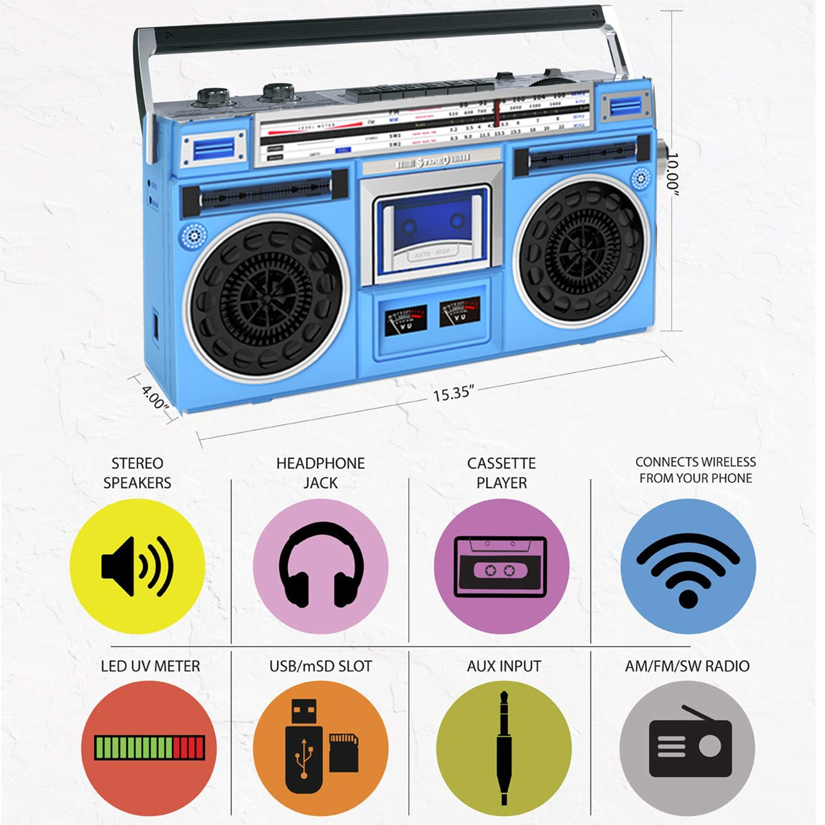 Blaue Boombox mit Steuertasten, Lautsprechern und detaillierten Funktionssymbolen.
