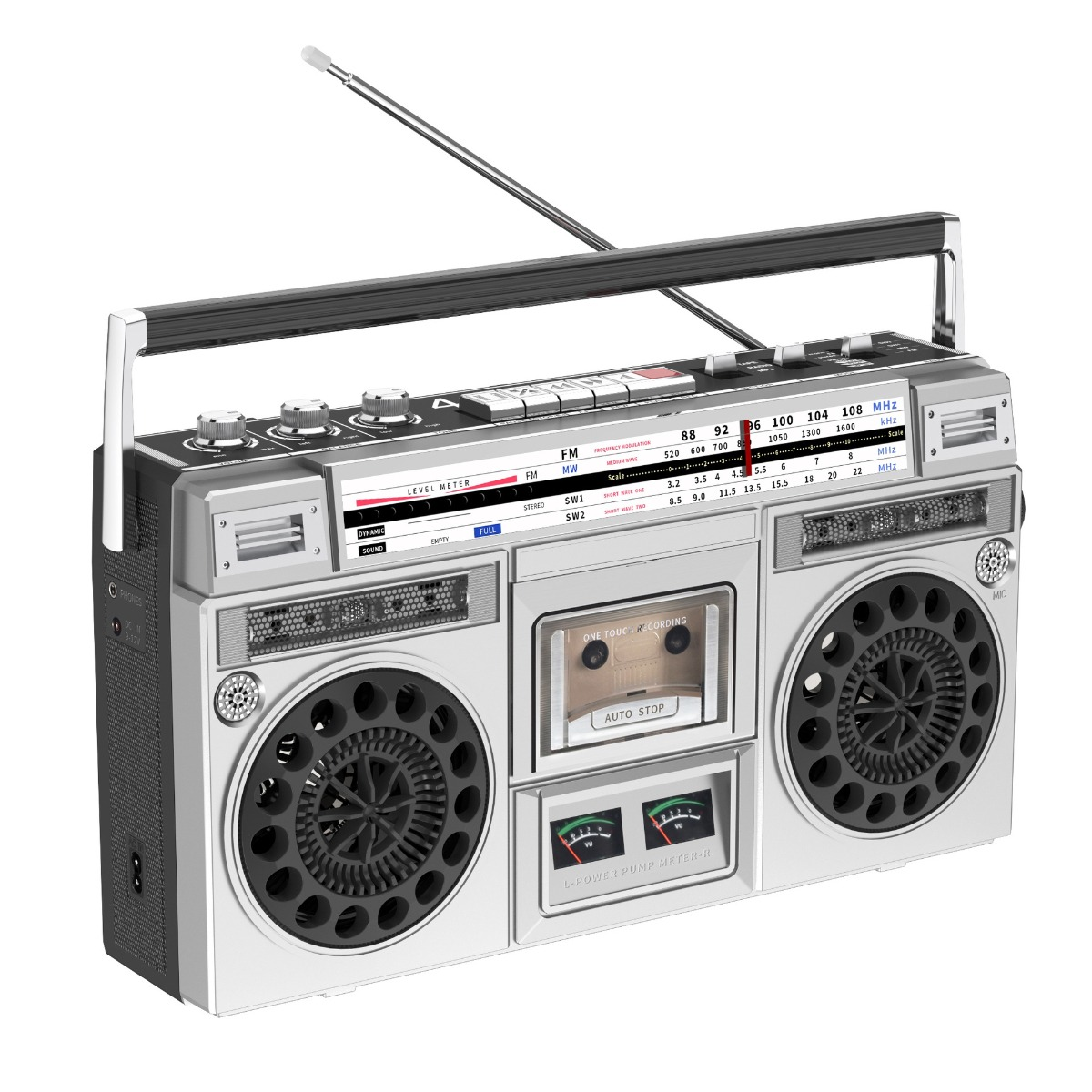 Eine silberne Boombox mit Griff, Lautsprechern und Radiowahlscheibe. Es hat ein Kassettendeck.