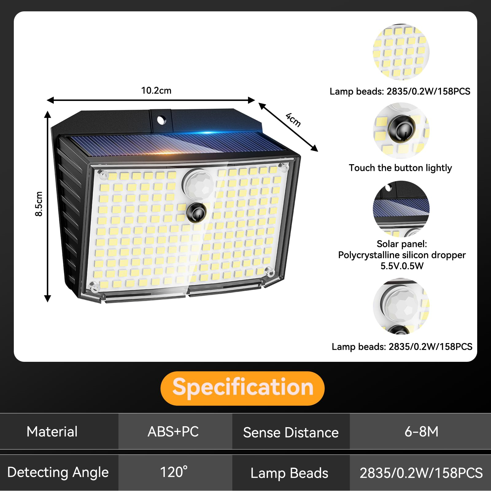 Solarbetriebene LED-Leuchte. Rechteckige Form mit Solarpanel oben. Spezifikationstabelle unter der Leuchte.