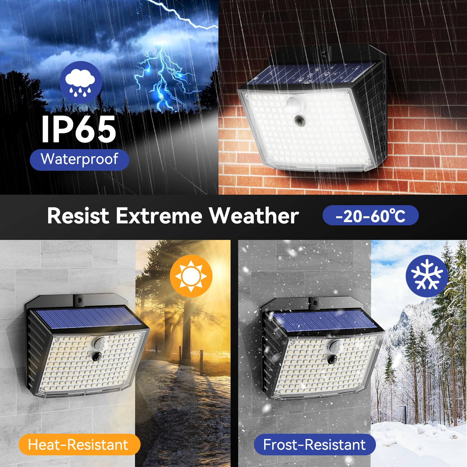 Solarbetriebene Sicherheitsleuchten mit Wetterfestigkeitstext und Symbolen.