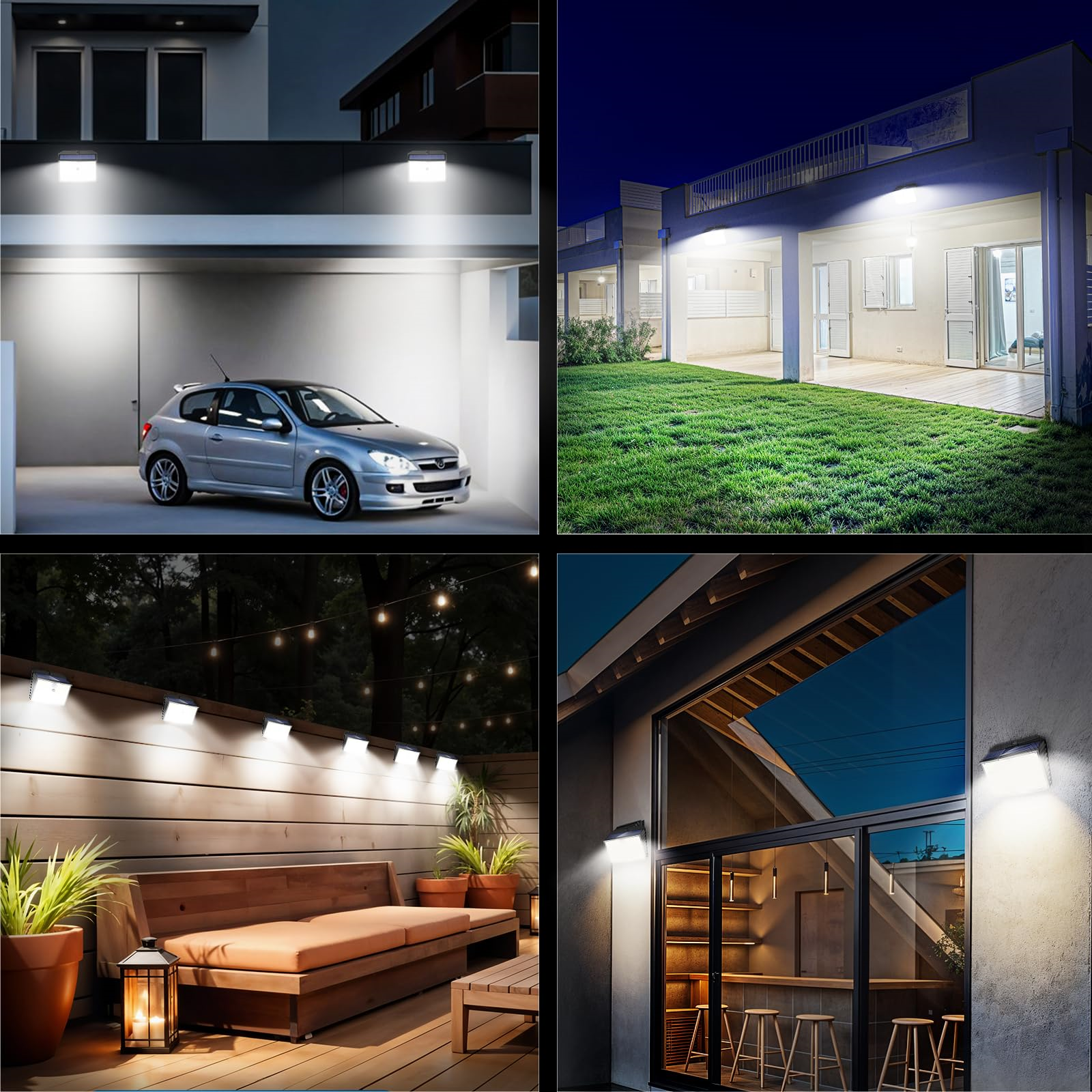 Vier Bilder, die Außenbeleuchtung zeigen. Verschiedene Einstellungen: Garage, Terrasse, Garten und Gebäudeaußen.