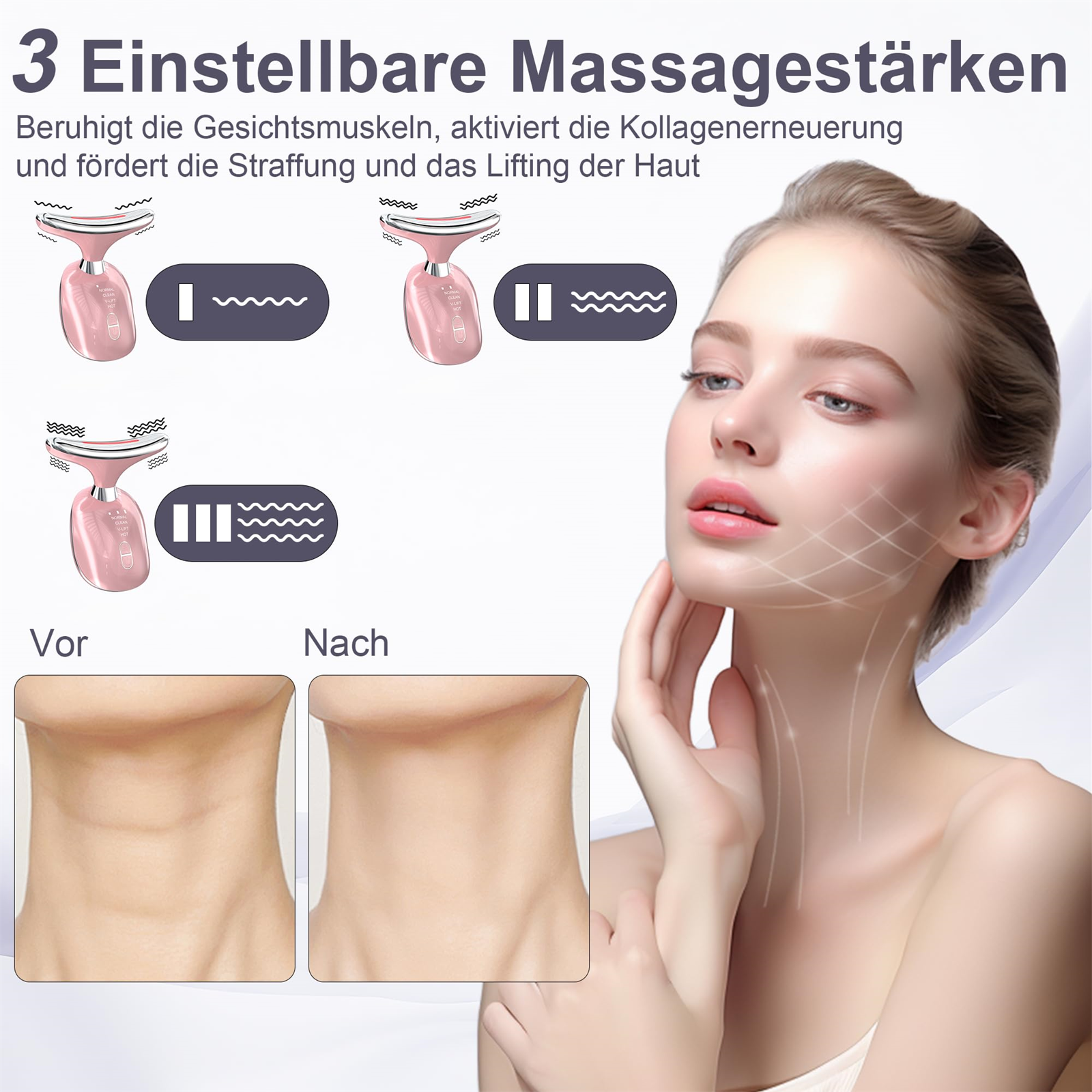 Bild zeigt Gesicht und Hals einer Frau, die sich einer Schönheitsbehandlung unterzieht, mit Vorher-Nachher-Vergleich.