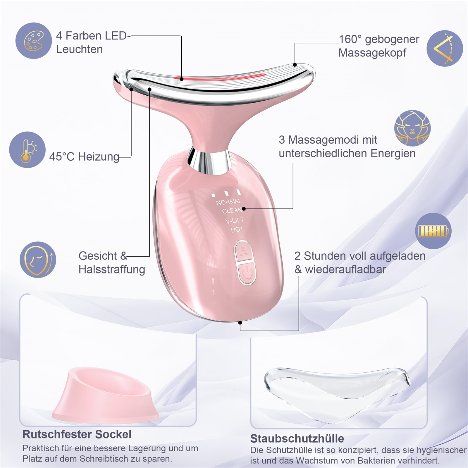 Ein rosa Gesichtsmassagegerät mit Etiketten, einer Schutzhülle und einem rutschfesten Sockel.