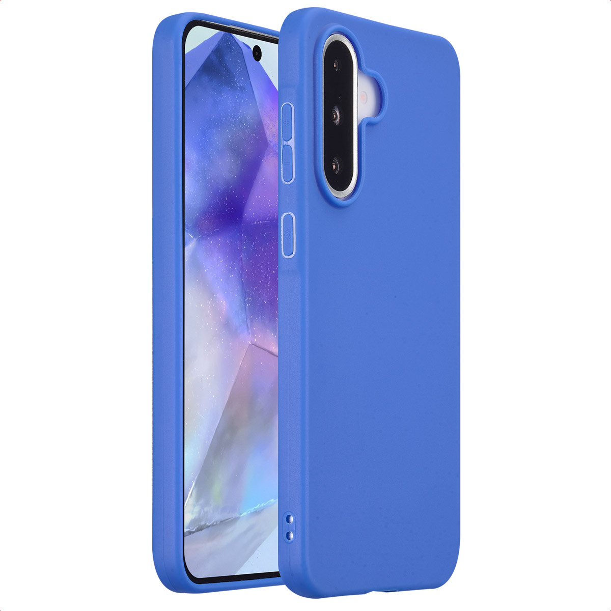 Blauwe telefoonhoes op een witte achtergrond, met de telefoon van de zijkant zichtbaar.