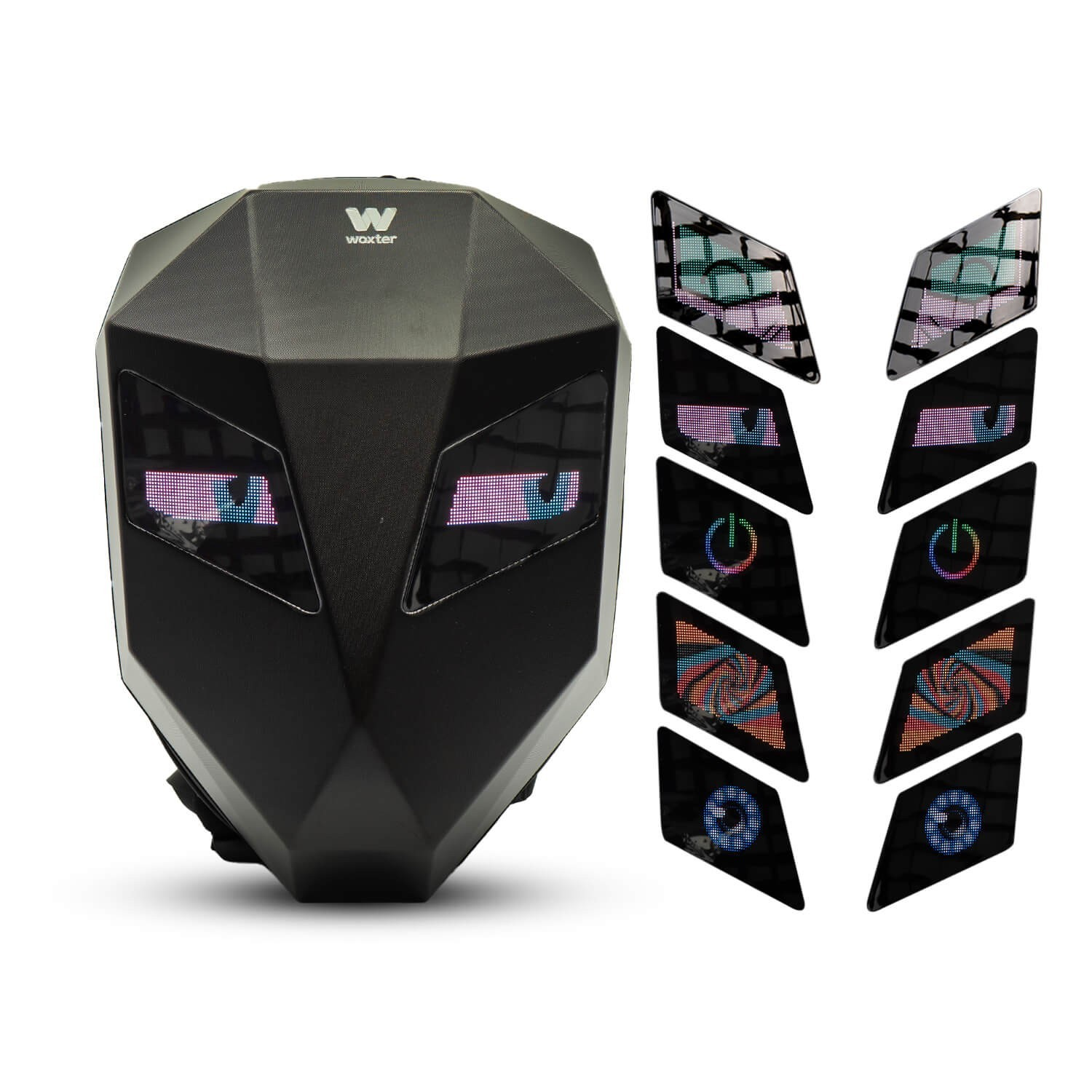 Mochila negra con pantallas LED y logo Woxter.