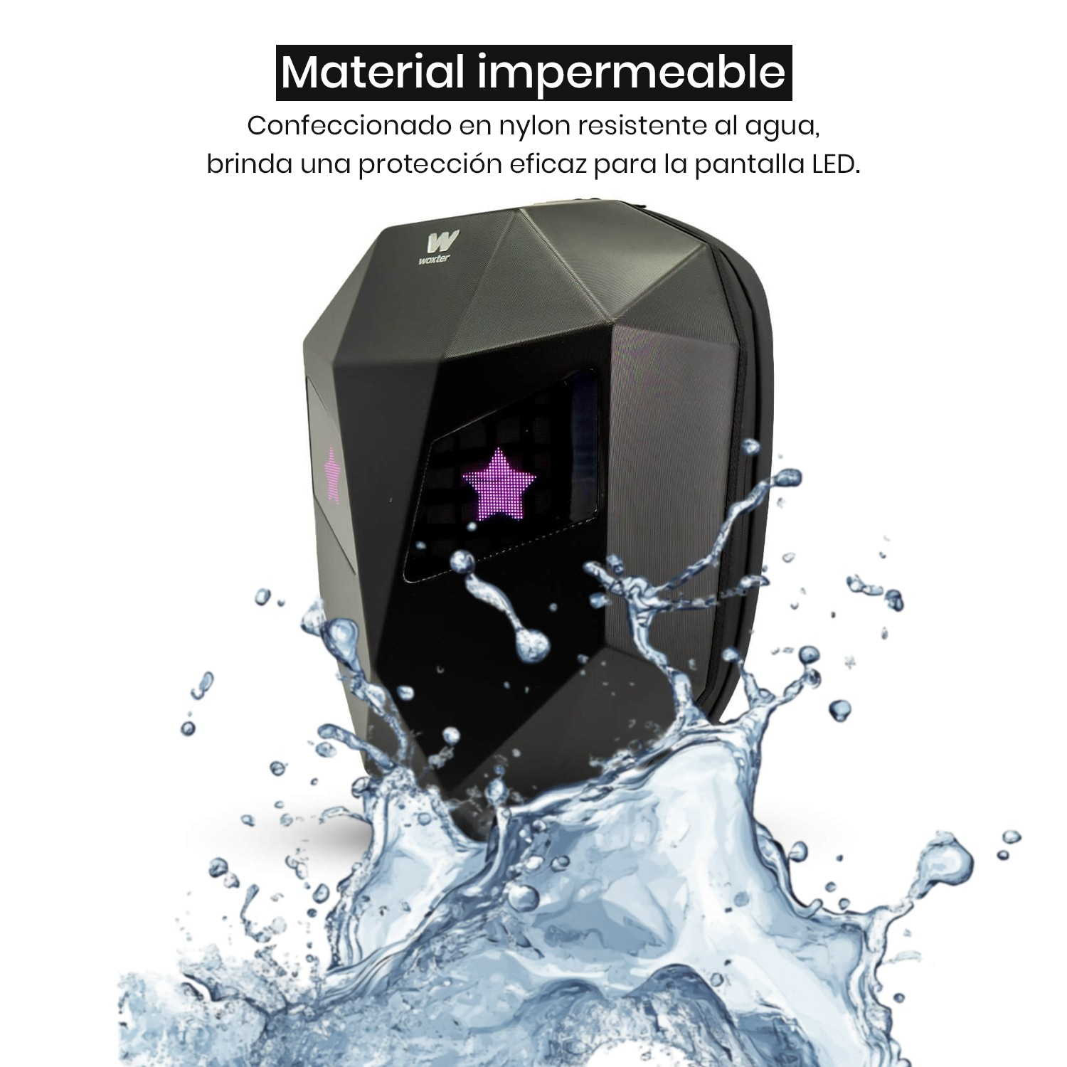 Altavoz negro con una estrella, y salpicaduras de agua delante. Texto: Material impermeable.