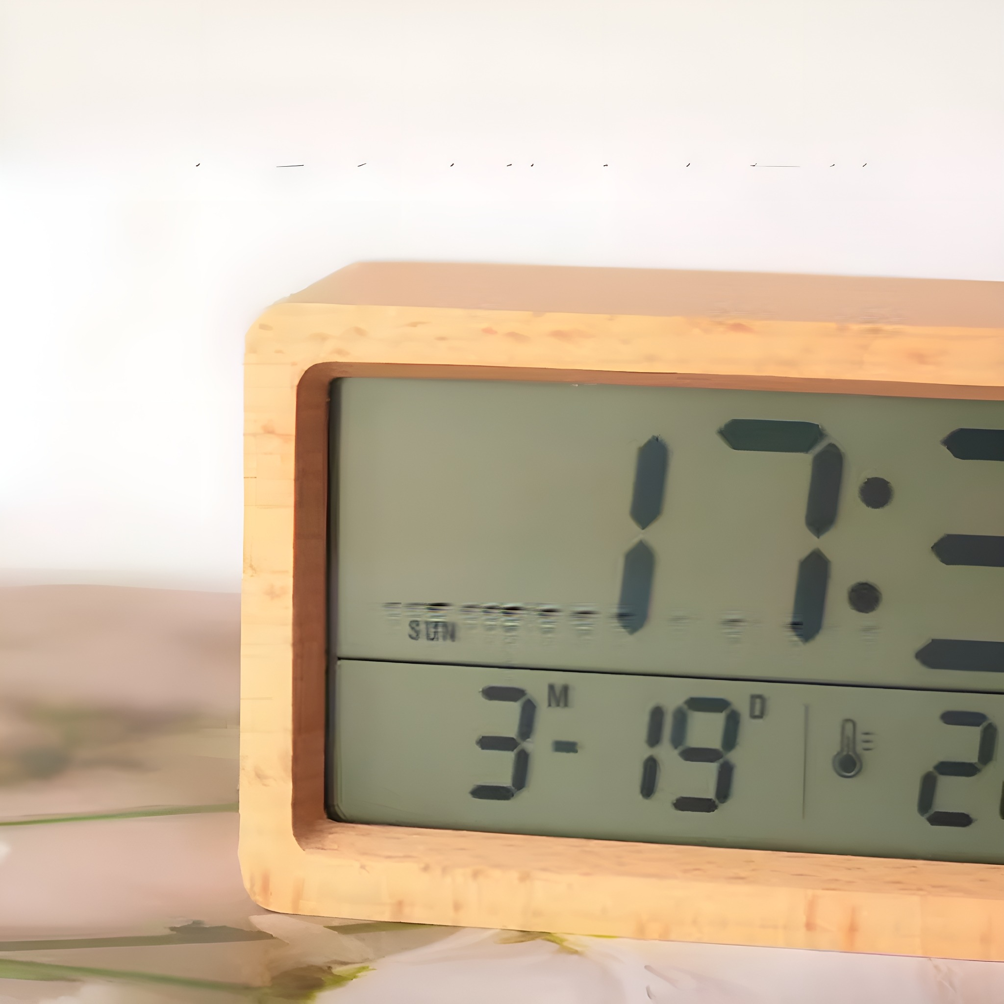 Eine digitale Holzuhr zeigt Zeit und Datum an. Die Uhr steht auf einer gemusterten Oberfläche.