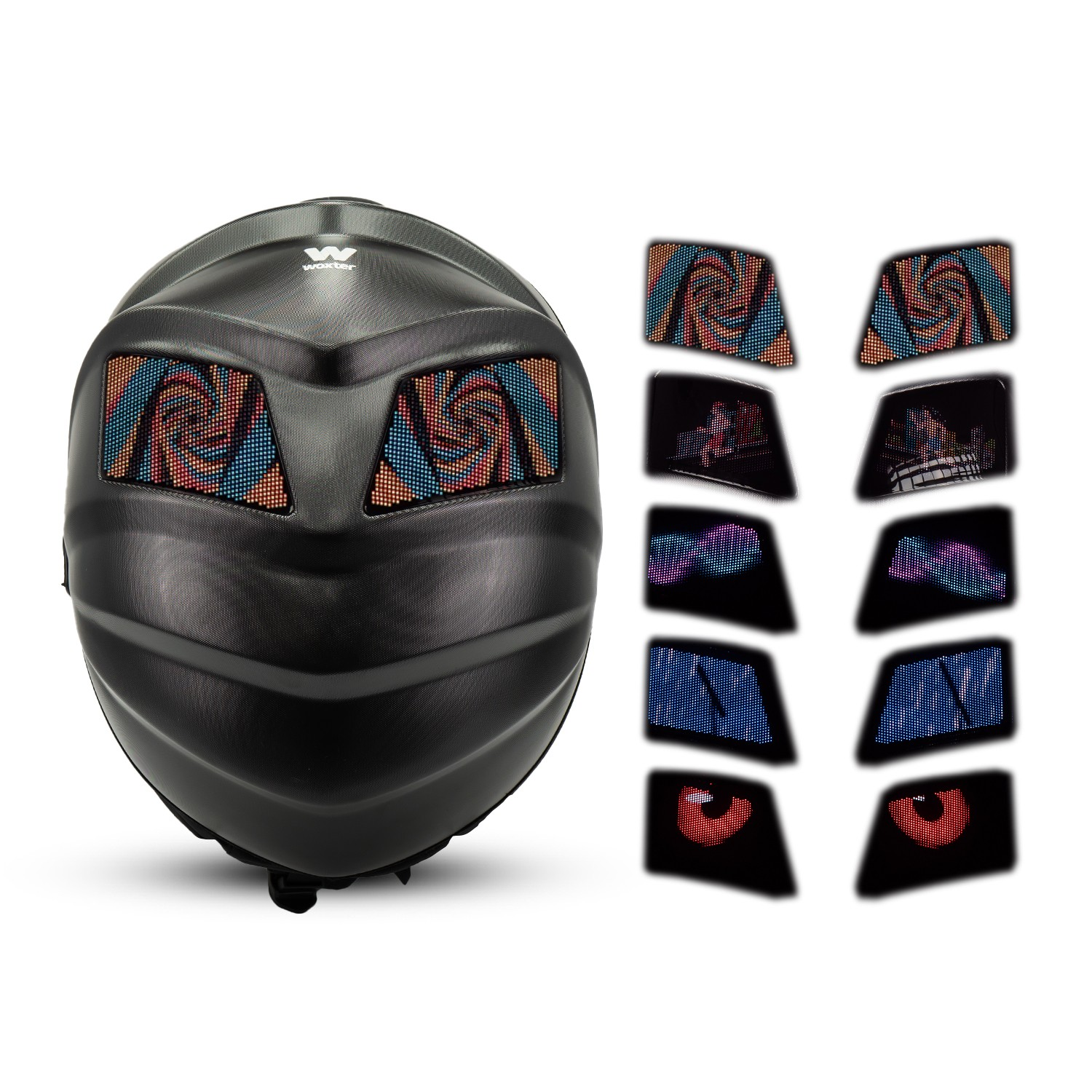 Casco de moto negro con luces LED. Varios paneles LED con diferentes patrones a su lado.