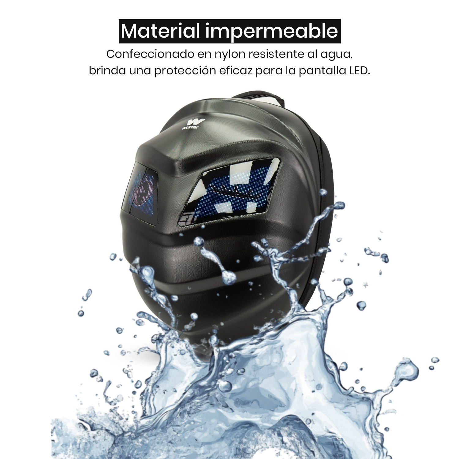 Mochila de motocicleta negra. Salpicaduras de agua rodean la mochila con texto sobre resistencia al agua.