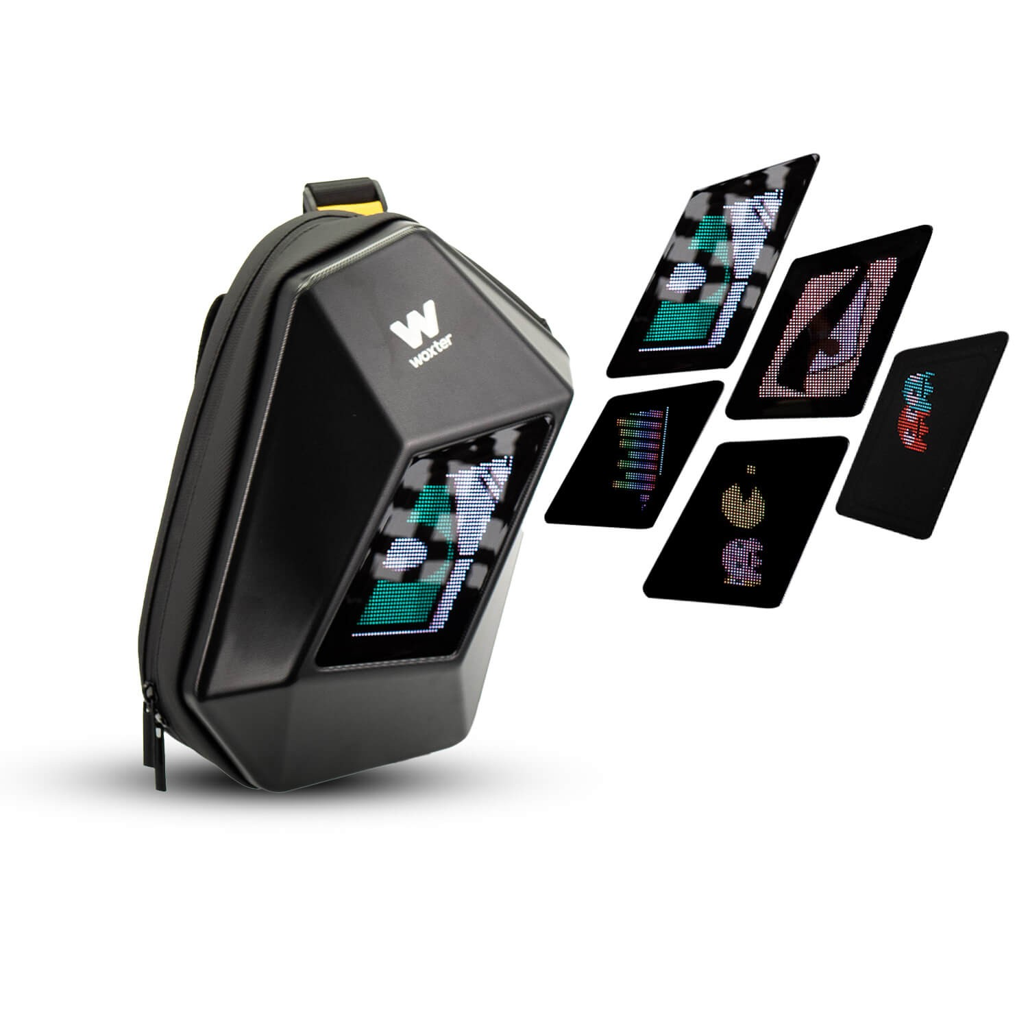 Mochila negra con pantalla LED mostrando imágenes. Múltiples pantallas.