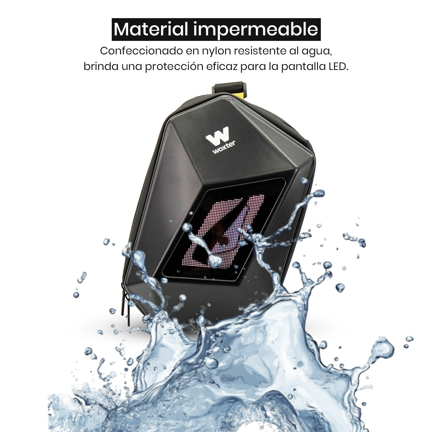Bolsa negra con panel LED, salpicaduras de agua delante. Fondo blanco, texto sobre resistencia al agua.