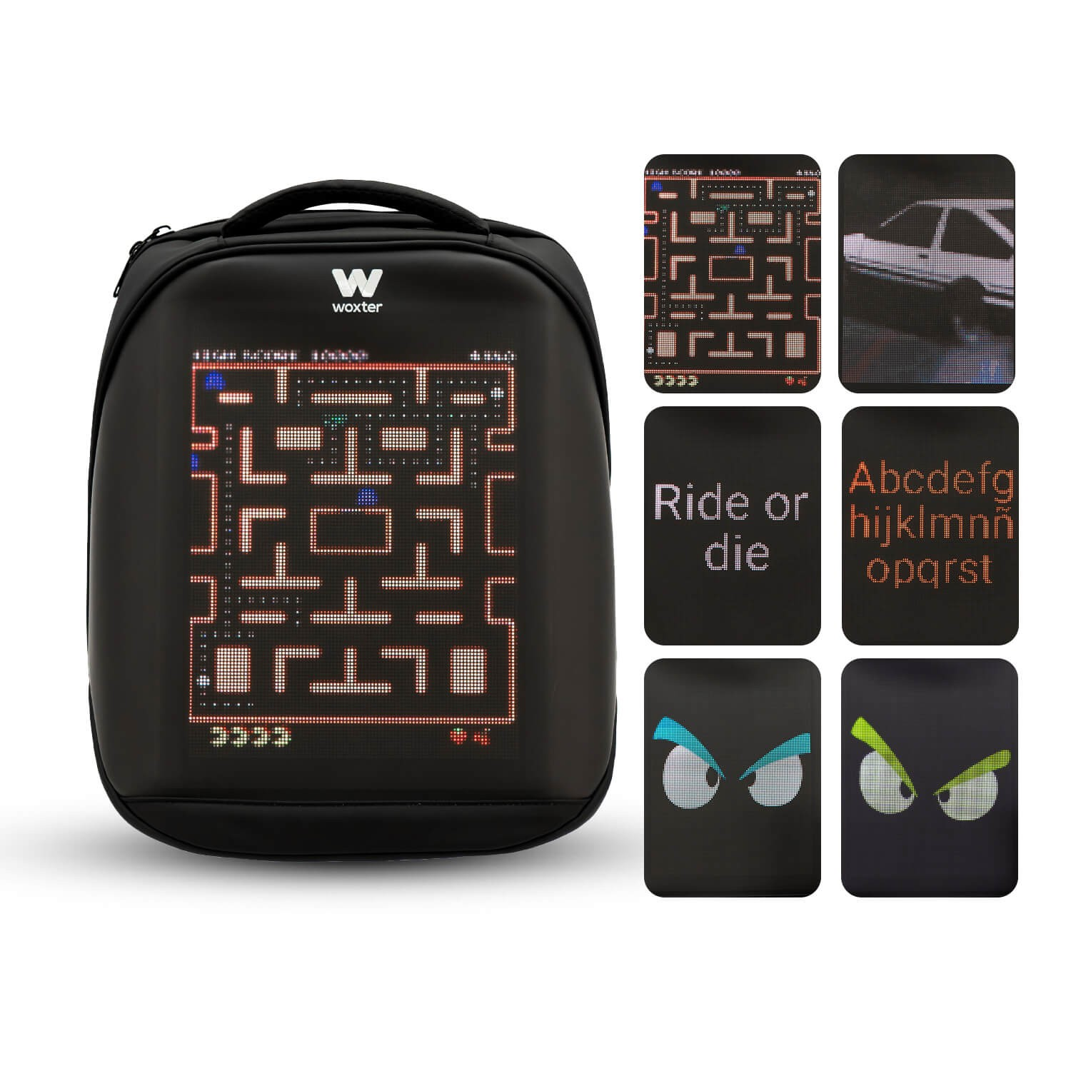 Mochila negra con pantalla que muestra un juego de Pac-Man y otras imágenes.
