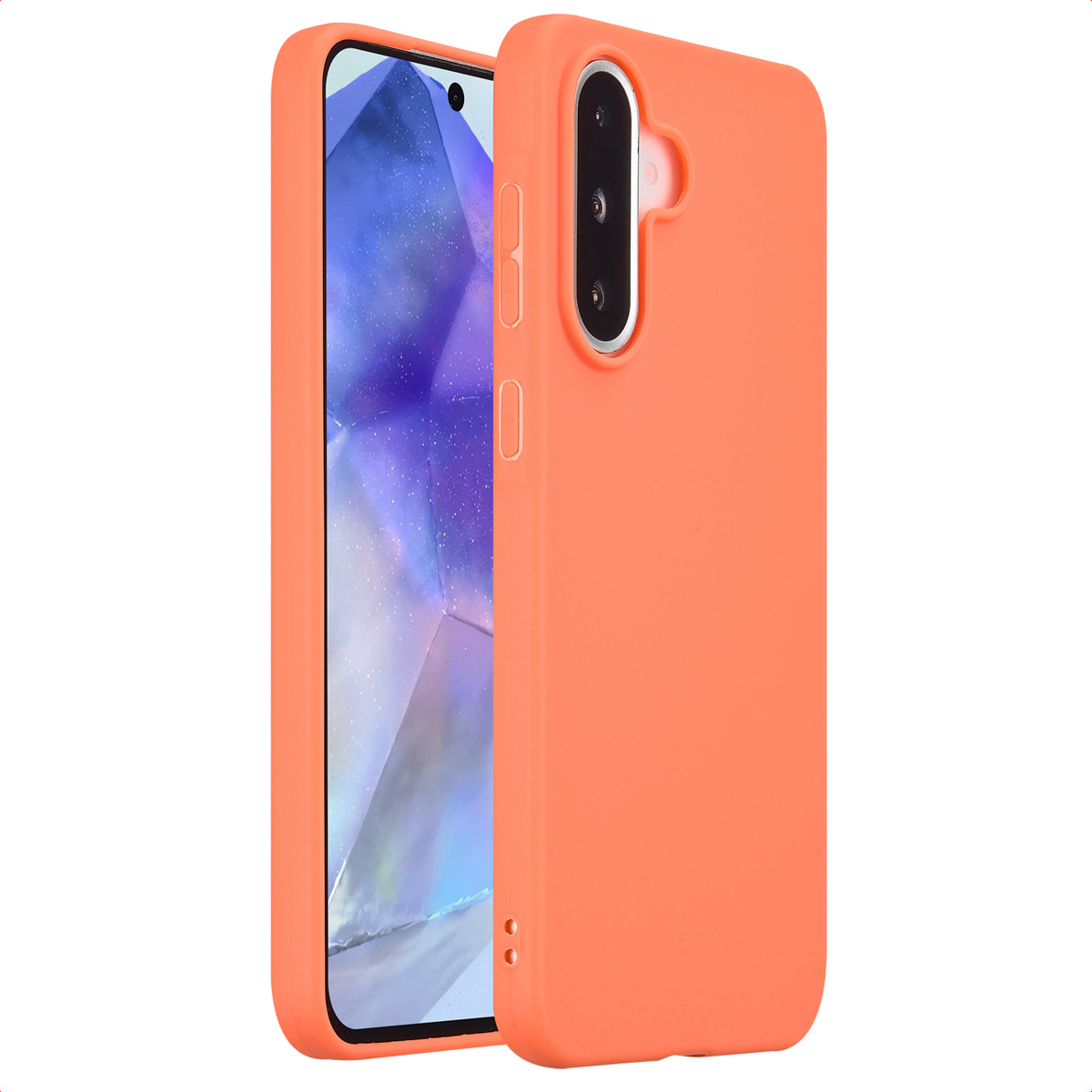 Oranje telefoonhoesje en een telefoon op witte achtergrond.