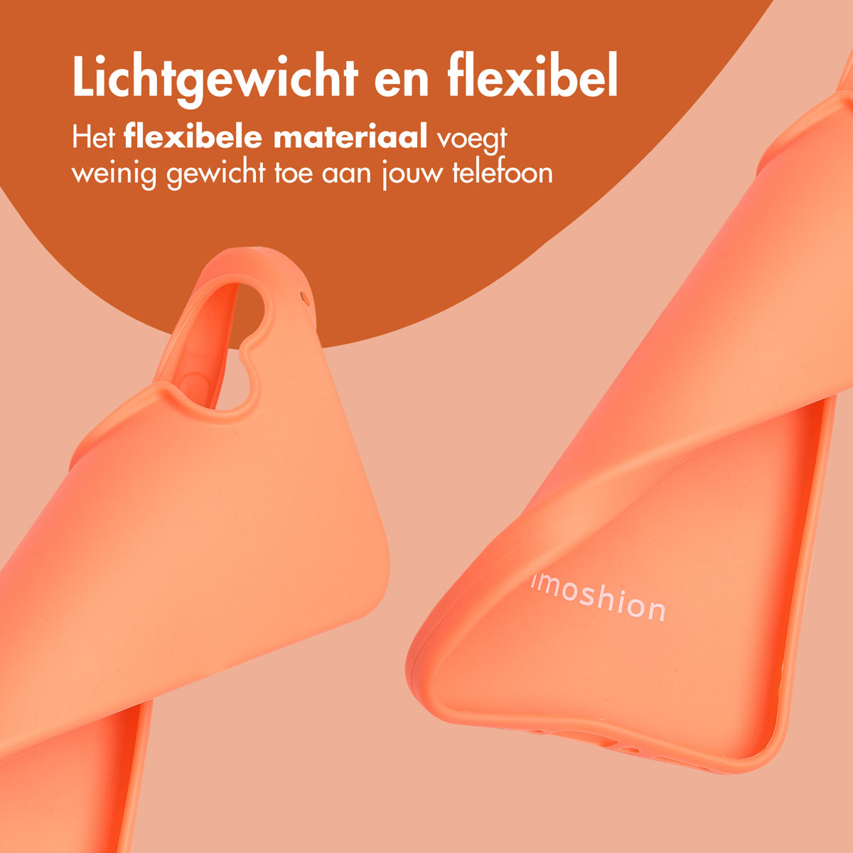 Twee oranje telefoonhoesjes, één open, met tekst over flexibiliteit en lichtheid.