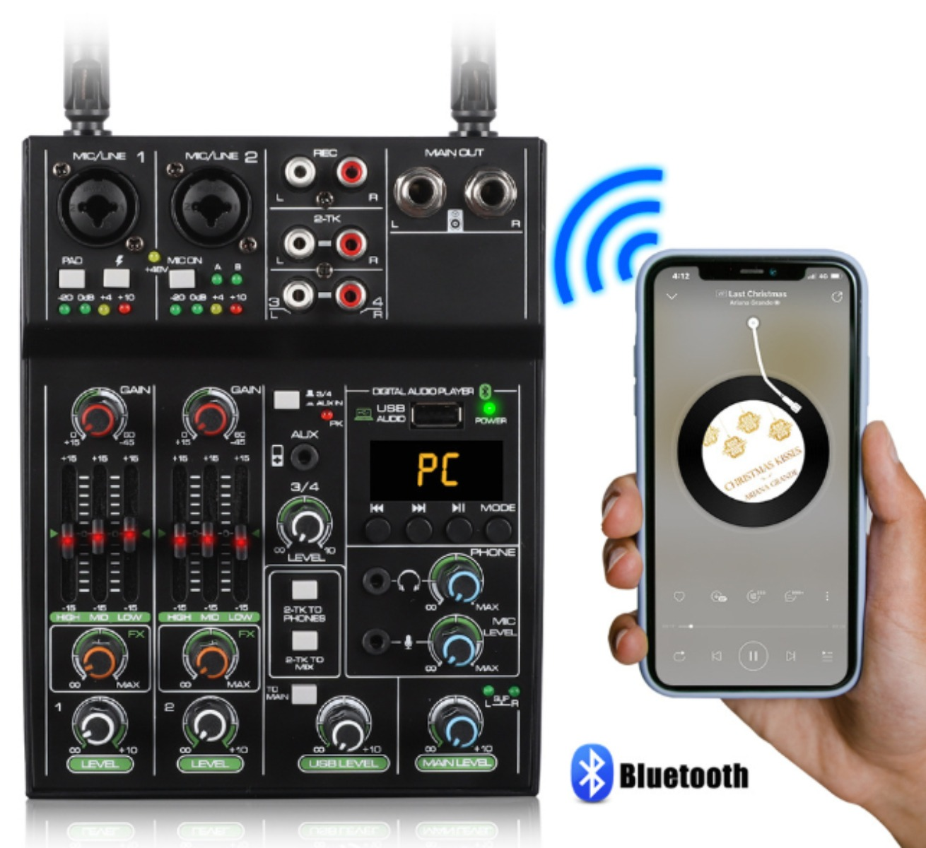 Audiomixer neben Smartphone, das Musik via Bluetooth wiedergibt.