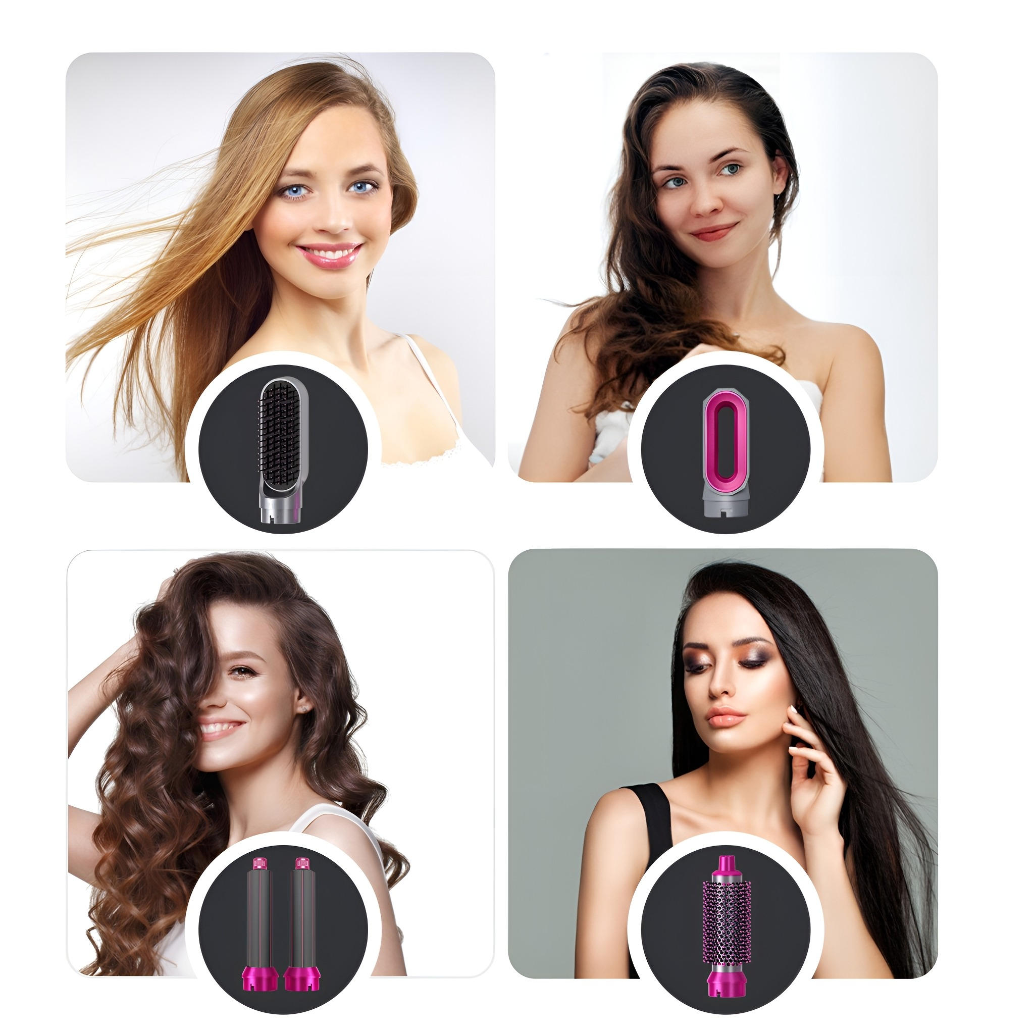 Vier Frauen mit unterschiedlichen Frisuren, jede mit einem Haarstyling-Werkzeug.