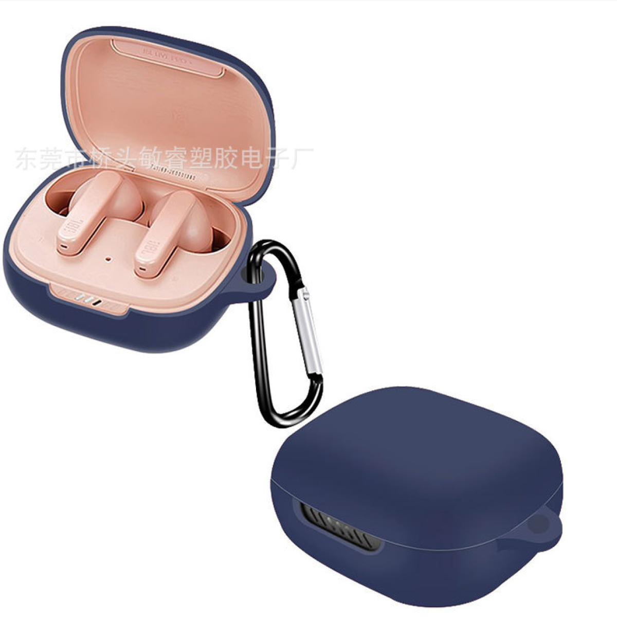 Custodia blu navy per auricolari con coperchio aperto che mostra auricolari rosa e una custodia separata.