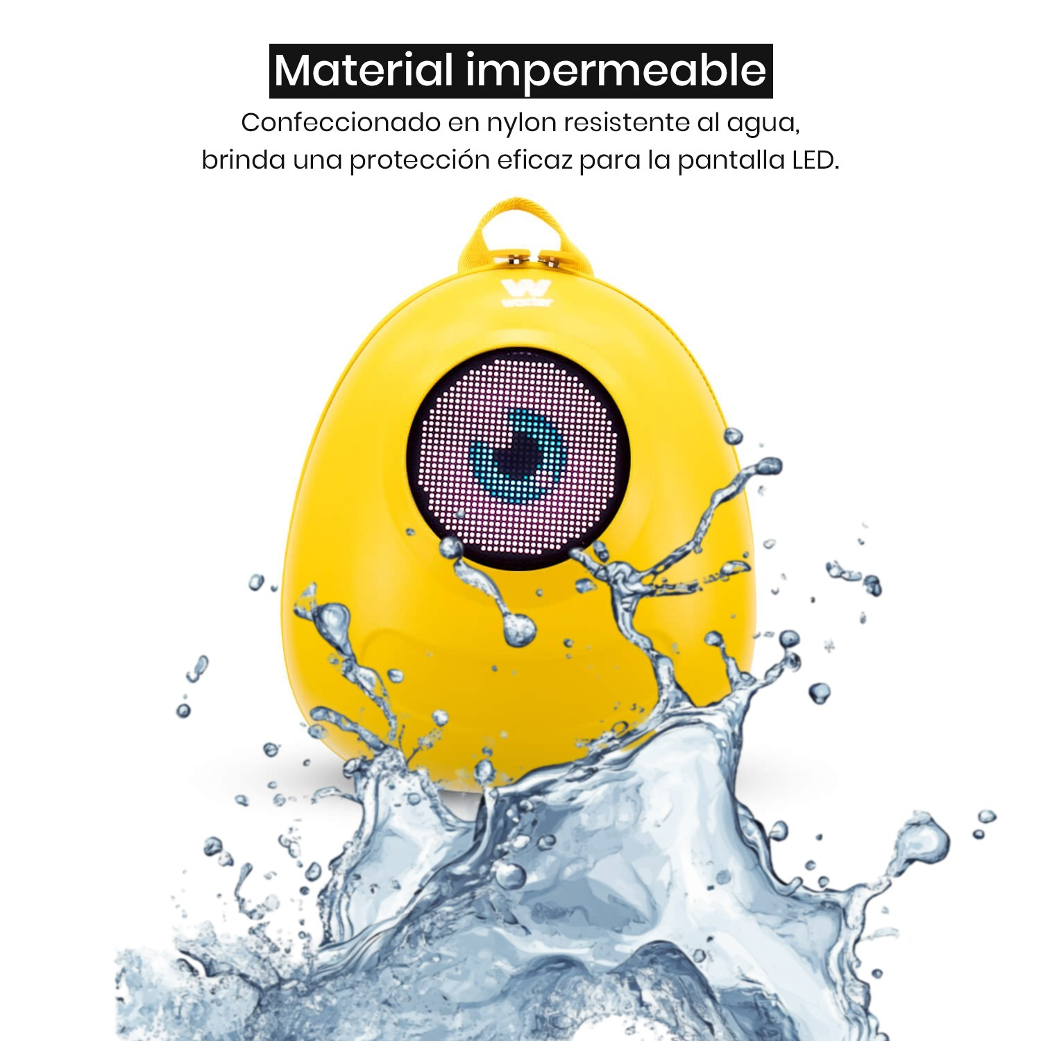 Altavoz amarillo en forma de huevo con un ojo digital y salpicaduras de agua. Texto: nailon impermeable.