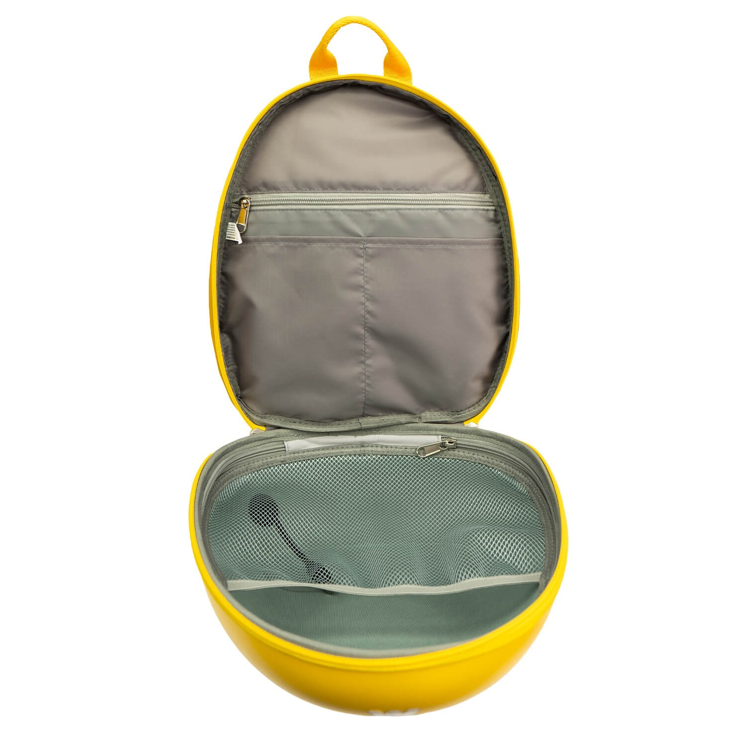 Mochila amarilla con cremalleras abiertas, interior con bolsillos y malla.