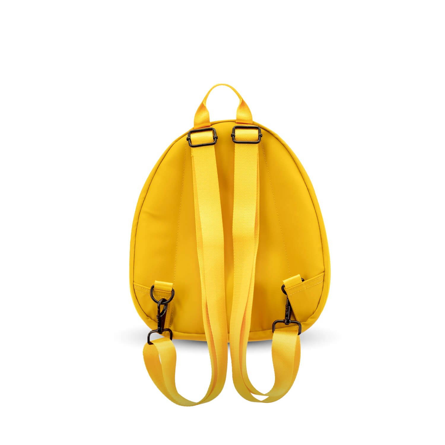 Mochila amarilla vista trasera con correas ajustables y broches negros.