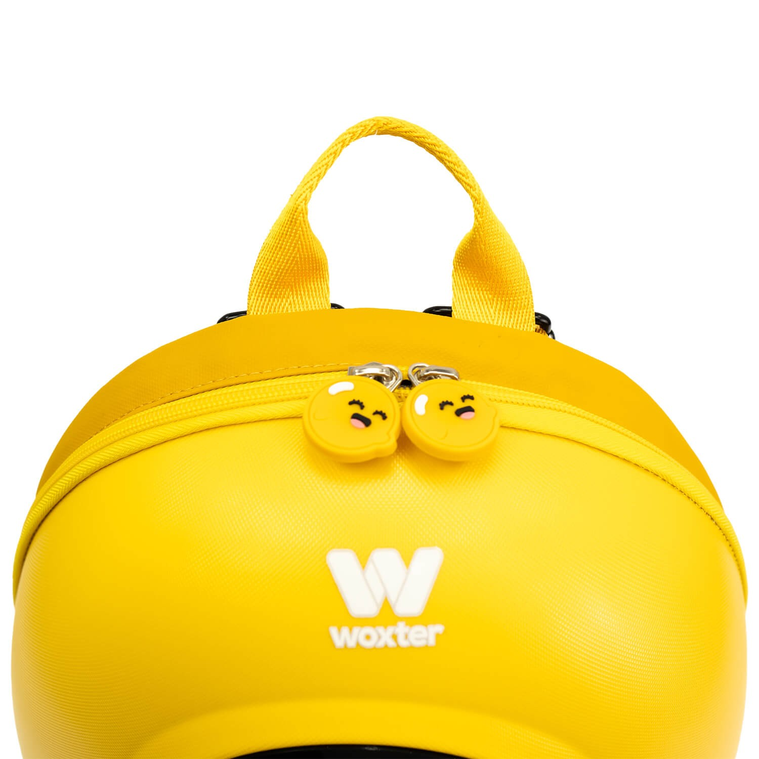 Mochila amarilla con dos cremalleras con caras sonrientes y un asa.